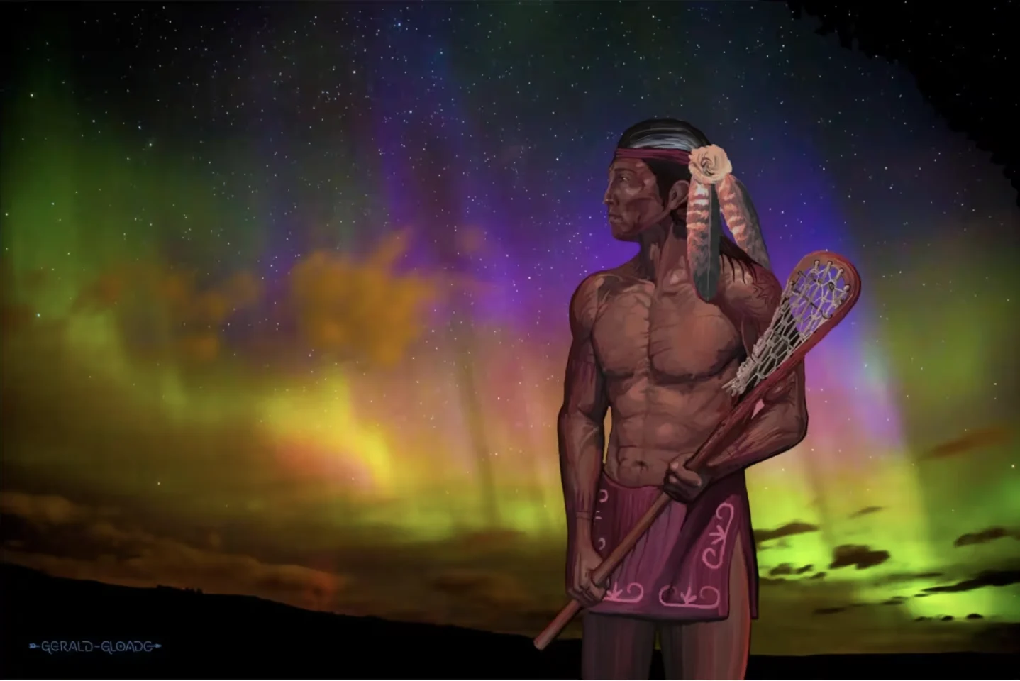 CBC: In this artwork by Gerald Gloade, the northern lights are seen behind the spirit of an Indigenous ancestor who plays lacrosse in Wasoq, Mi'kmaw heaven. (Gerald Gloade)
