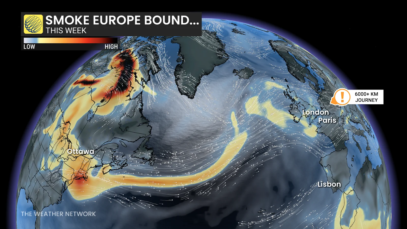Smoke, Canada, Europe, Jet stream, Wildfire, Fire, August 05, 2025. (The Weather Network)