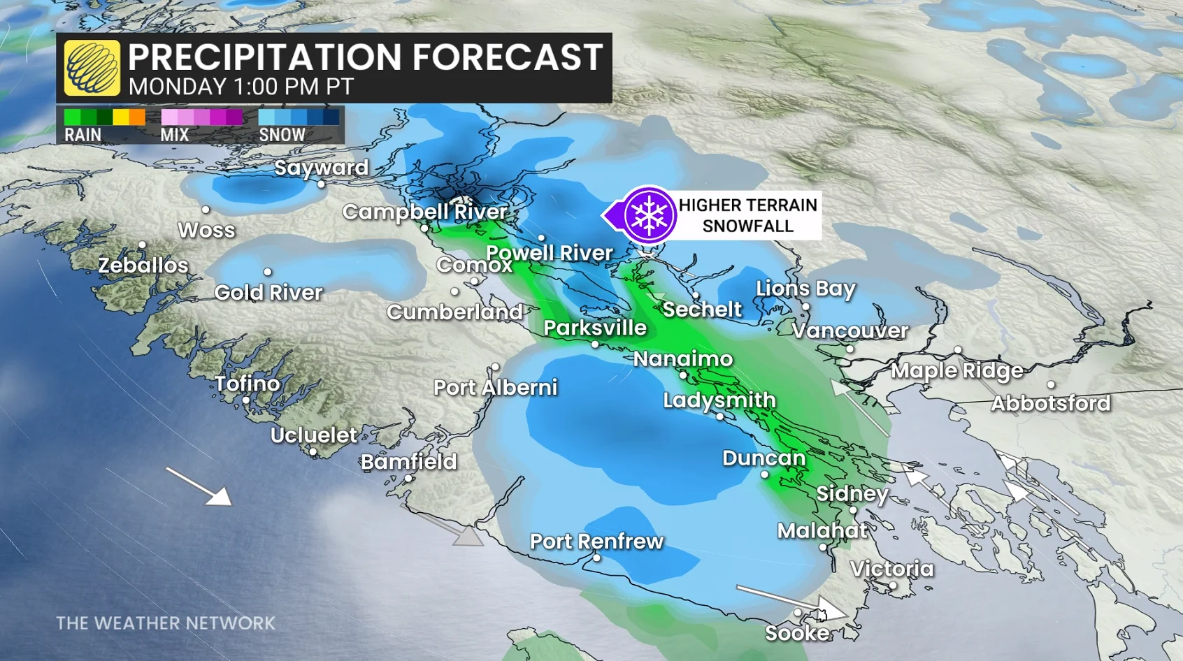 B.C. precipitation timing Monday afternoon
