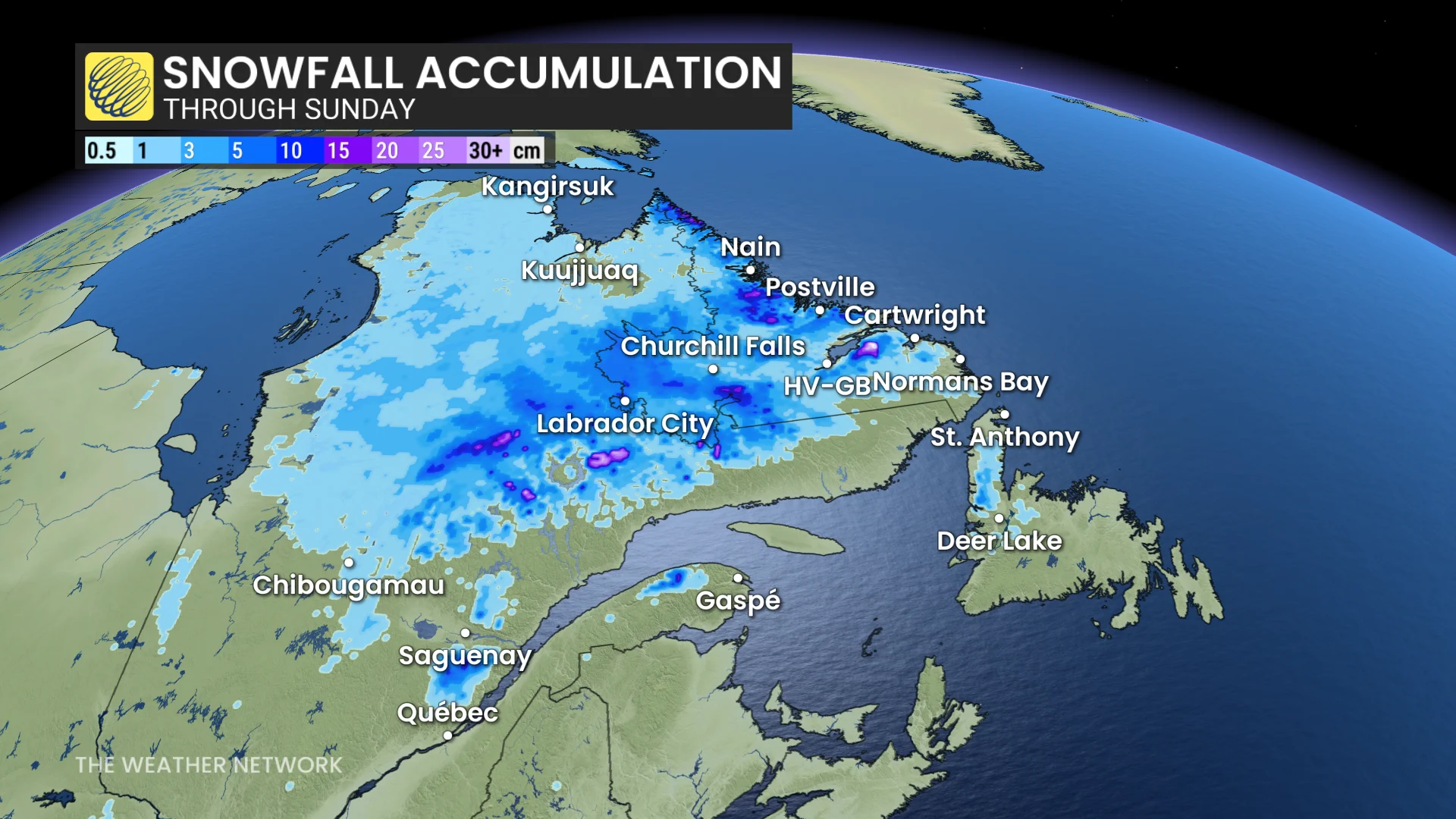 Labrador snowfall accumulation through Sunday
