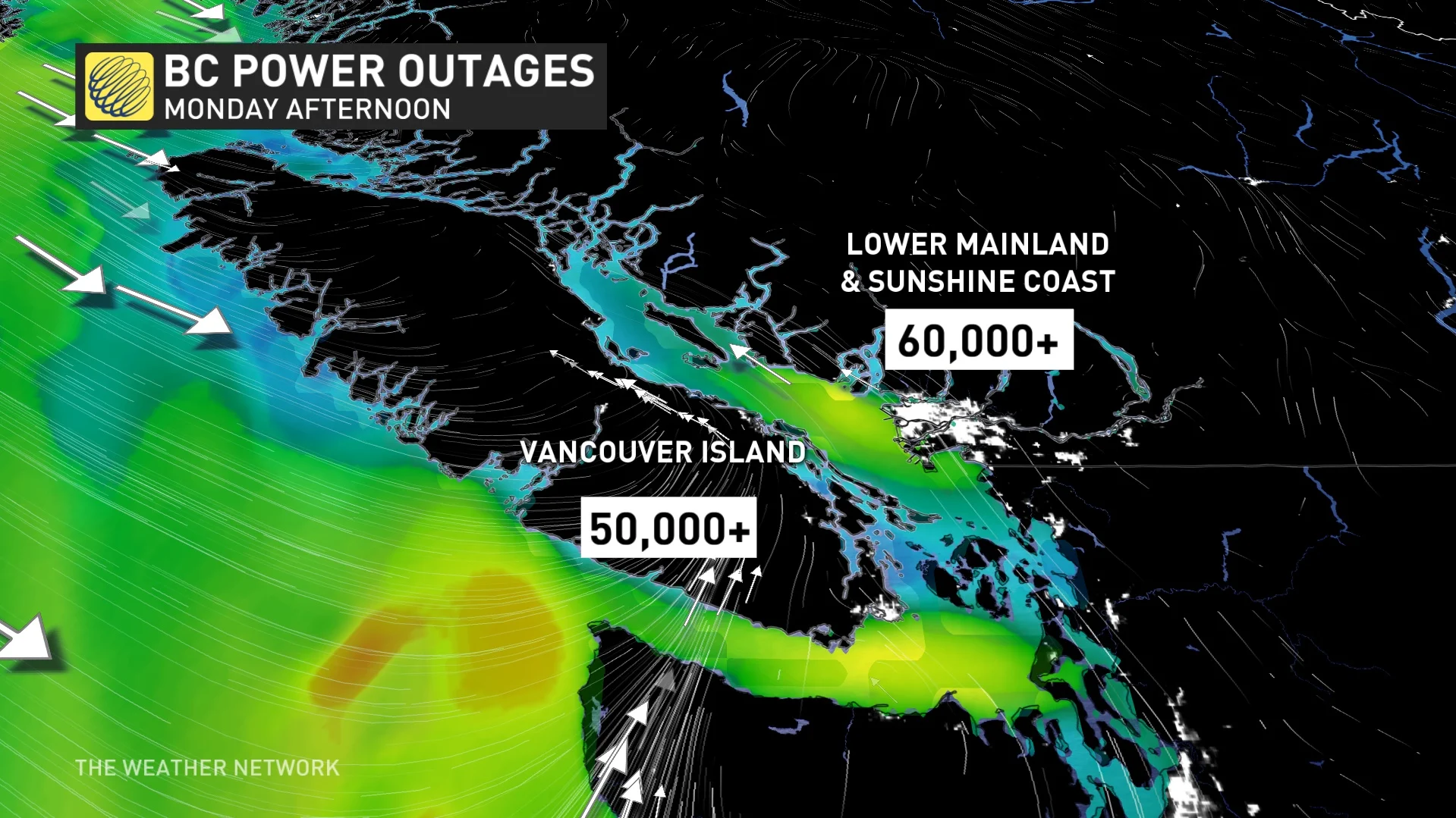 Current B.C. power outages Monday afternoon 