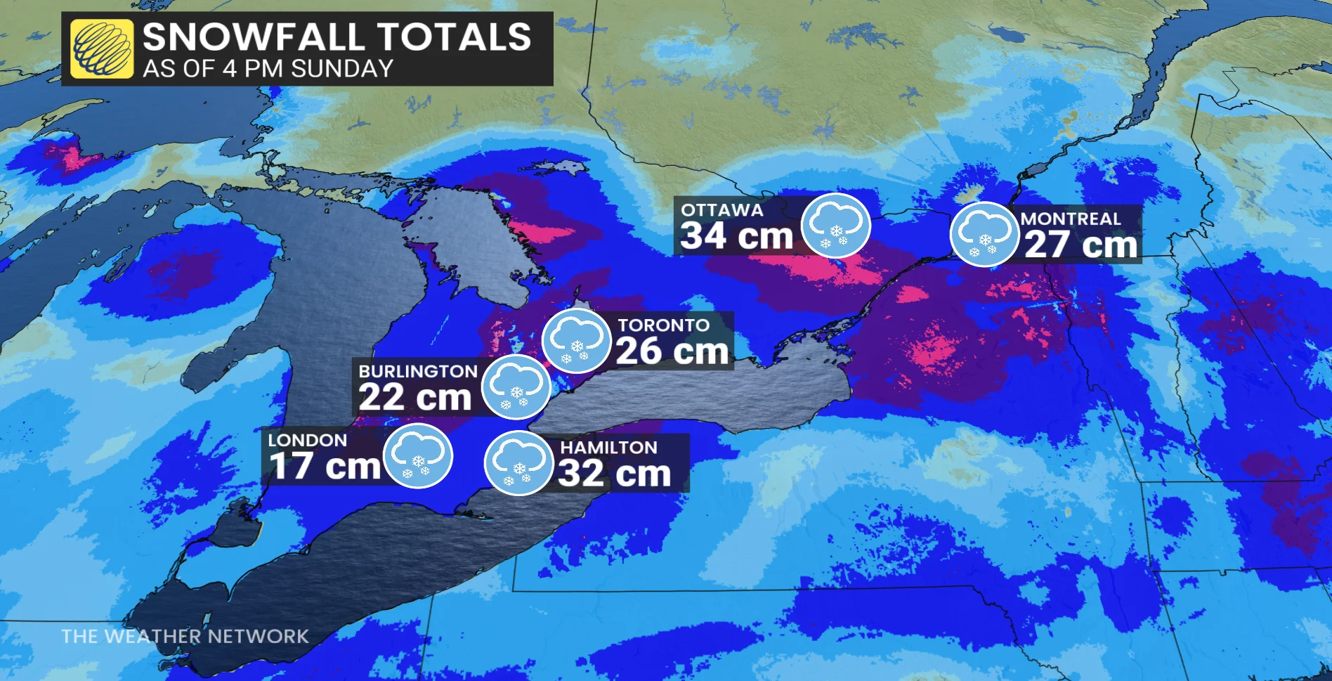 Southern Ontario Snow Totals 4pm Sunday Feb 16 2025