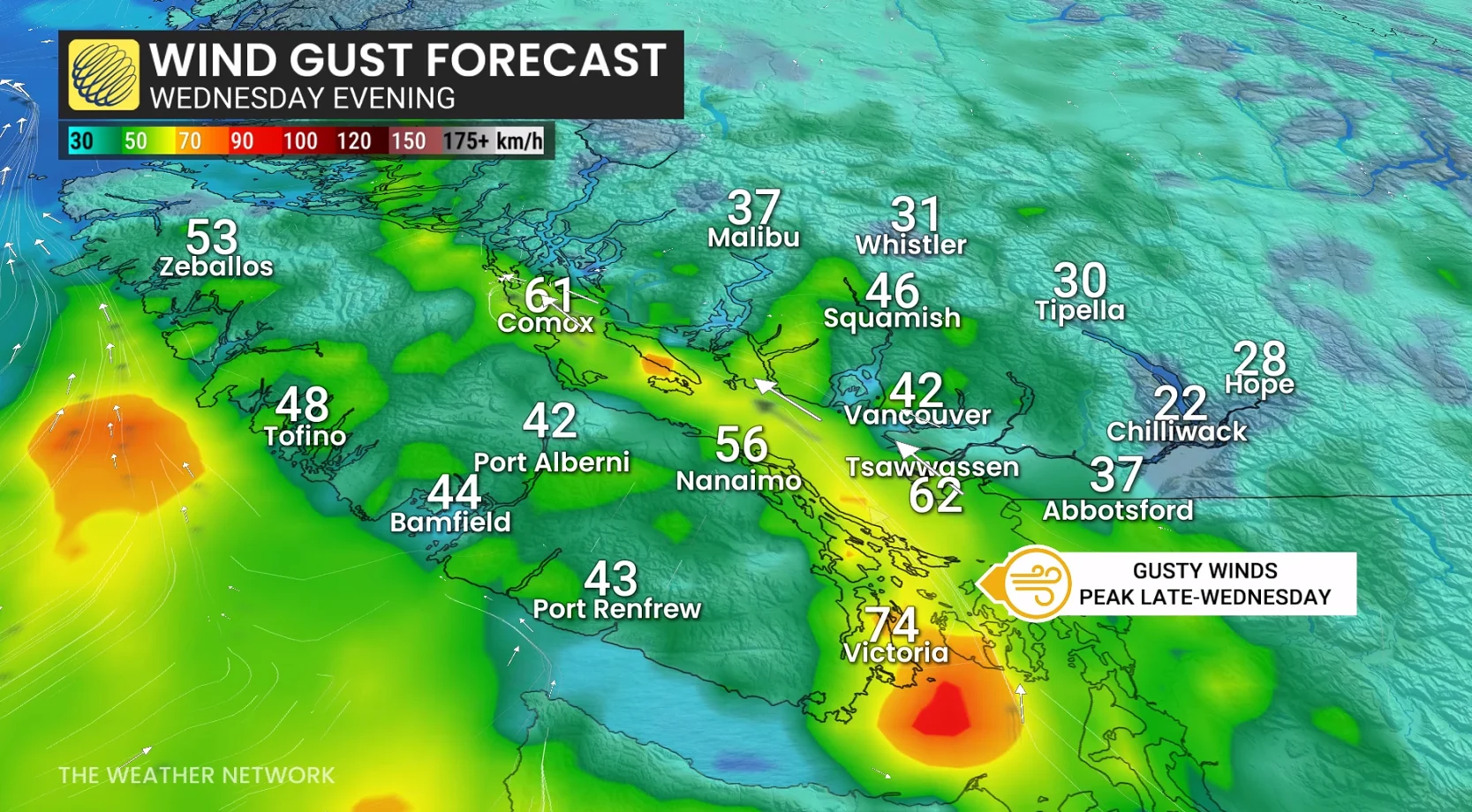 BC Wind Gusts Wednesday Evening