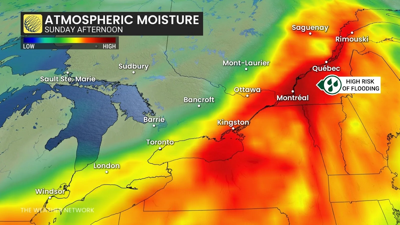 Ontario Quebec atmospheric moisture Sunday