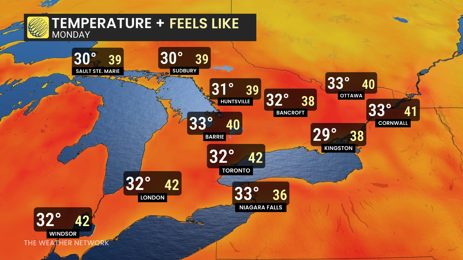 Ontario high temperatures Monday