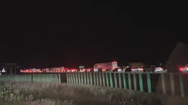 CBC: Vehicles on Highway 1 in Abbotsford on Thursday night after rising floodwaters forced the closure of the route in both directions. (CBC)