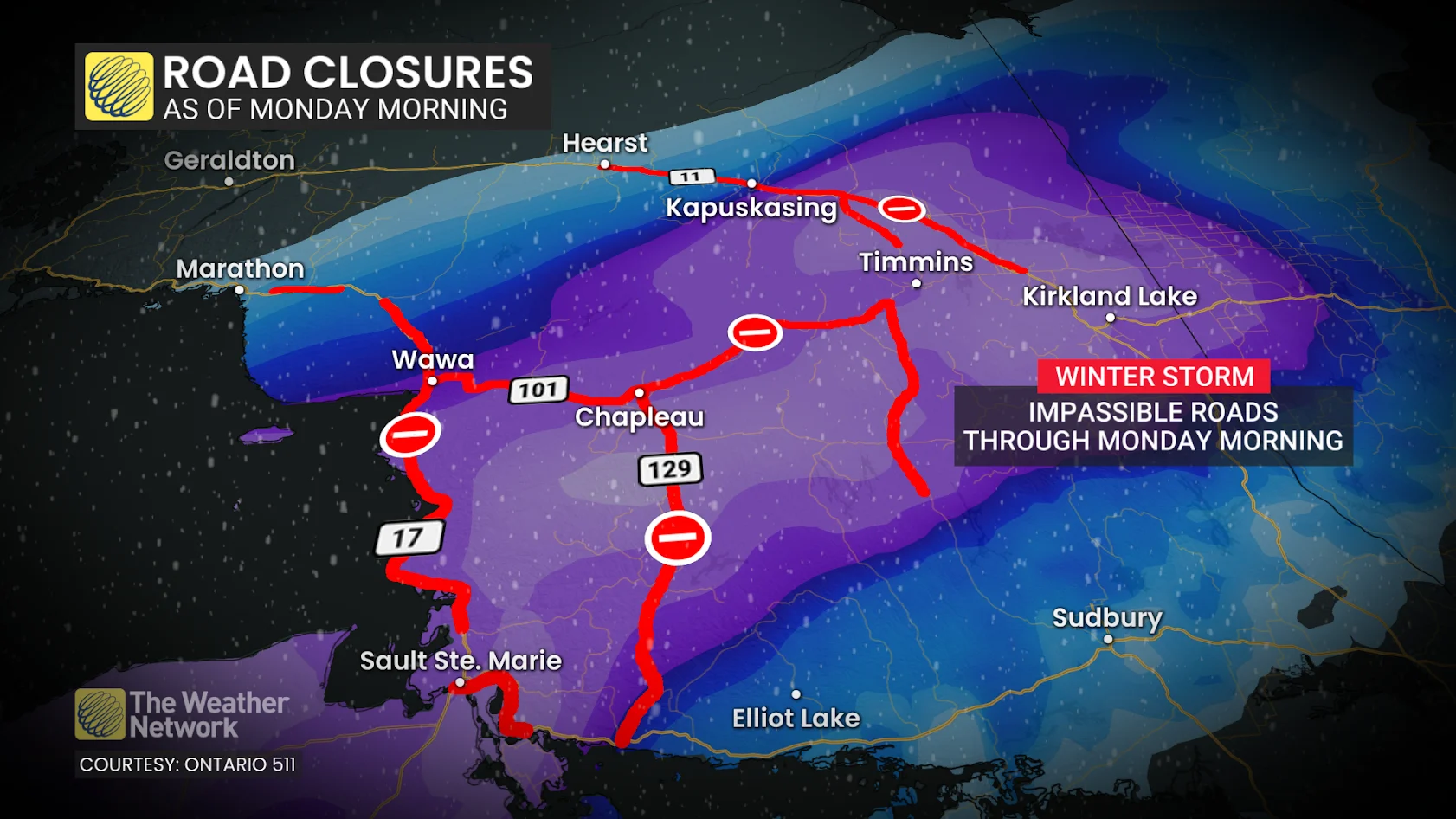 Northeastern Ontario Monday morning winter storm highway closures - Dec. 29, 2025