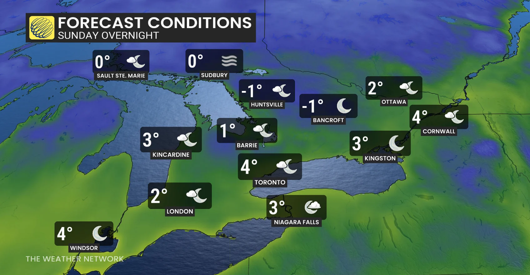 Sunday overnight Ontario forecast conditions