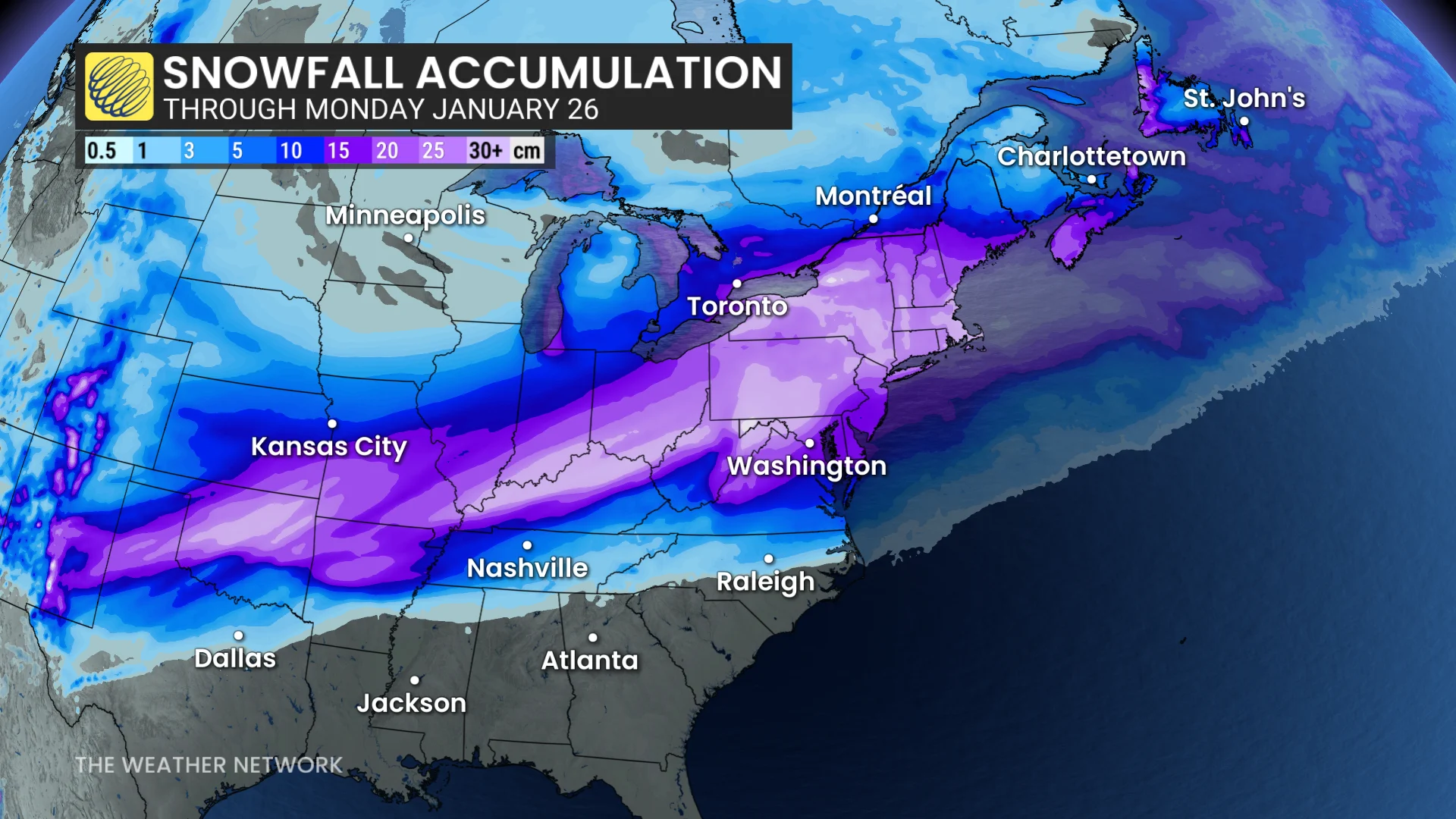 US Snowfall Accumulation Through Monday