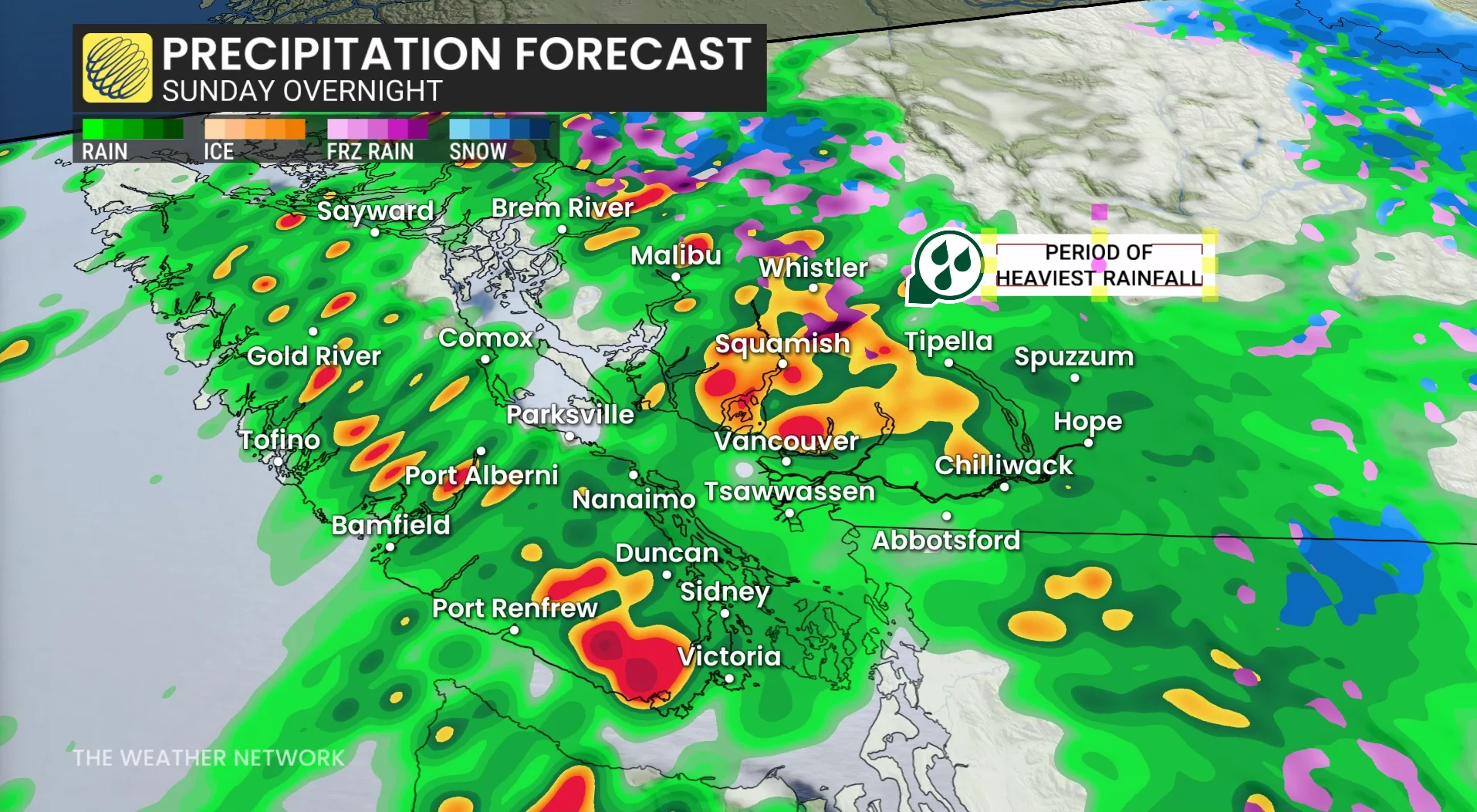 B.C. precipitation timing Sunday overnight