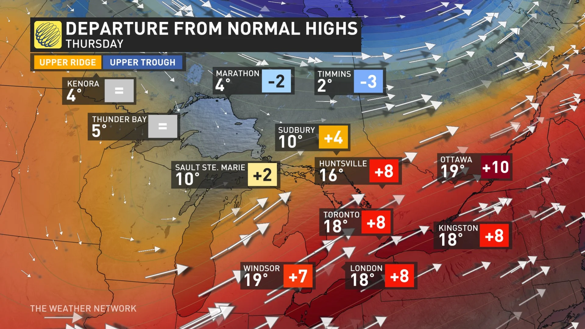 Baron - Thursday temp departure from normal highs in Ontario