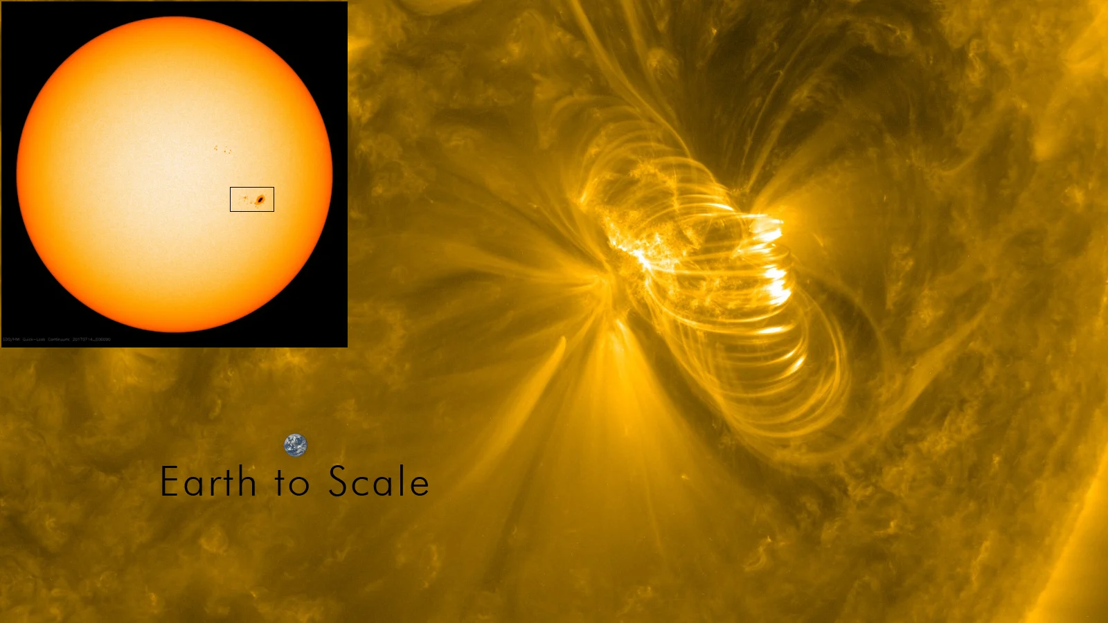 Sunspot AR2665 coronal loops with Earth scale - July 14 2017 - NASA SDO
