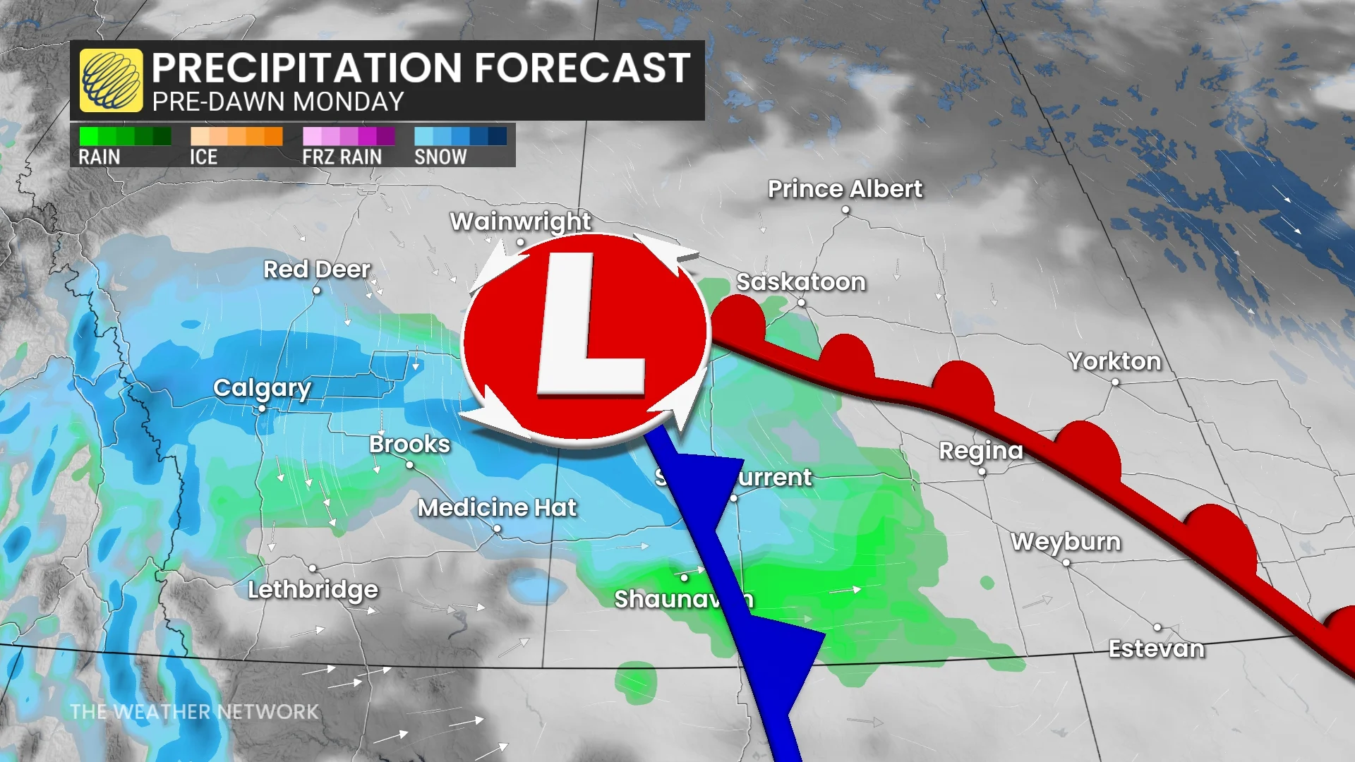 Prairies precipitation pre-dawn Monday