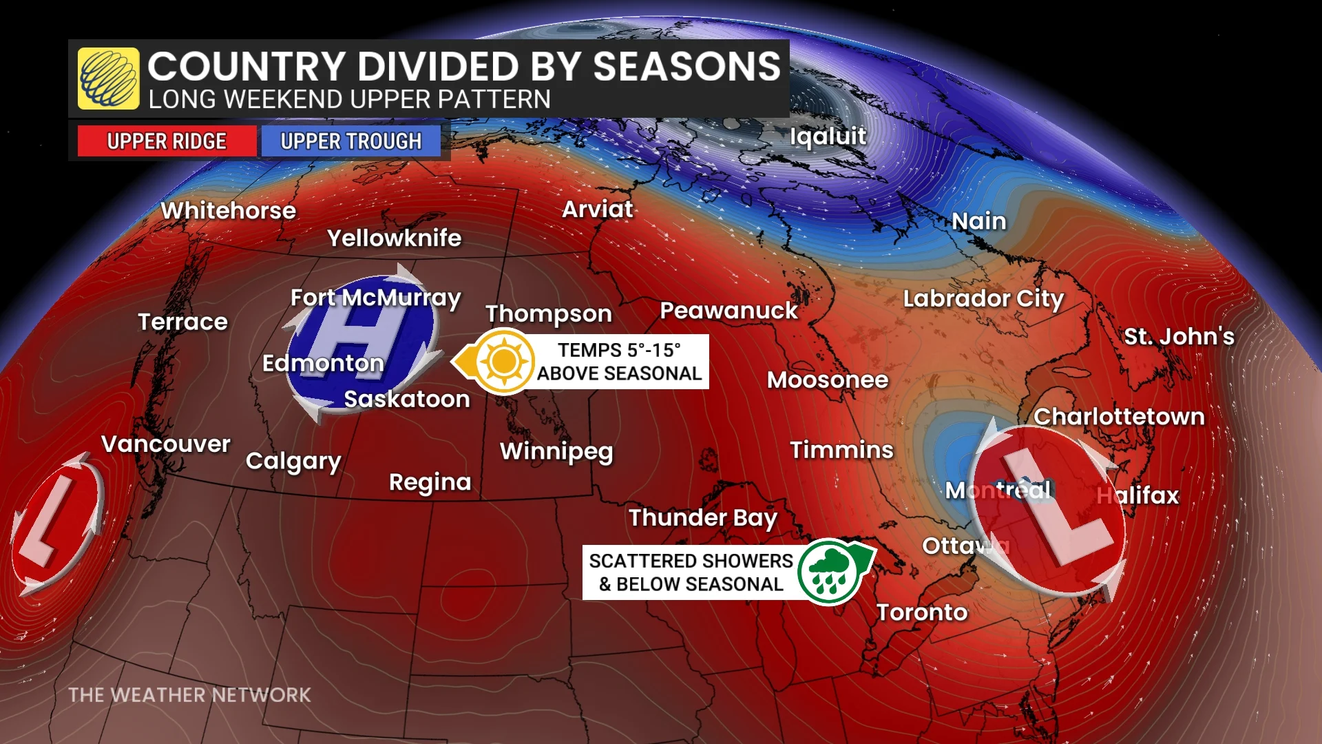Divided by Seasons, Upper Ridge, Lower Trough, Labour Day, August 27, 2025. (The Weather Network)
