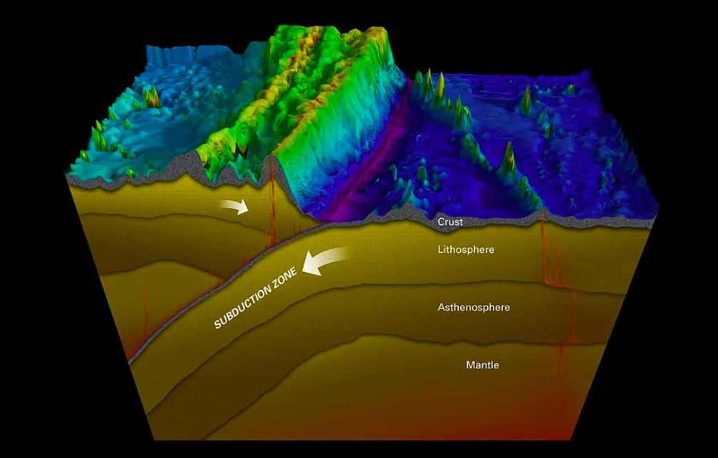 An illustration of an ocean trench and the Earth’s interior. (Creative Studio, Woods Hole Oceanographic Institution)