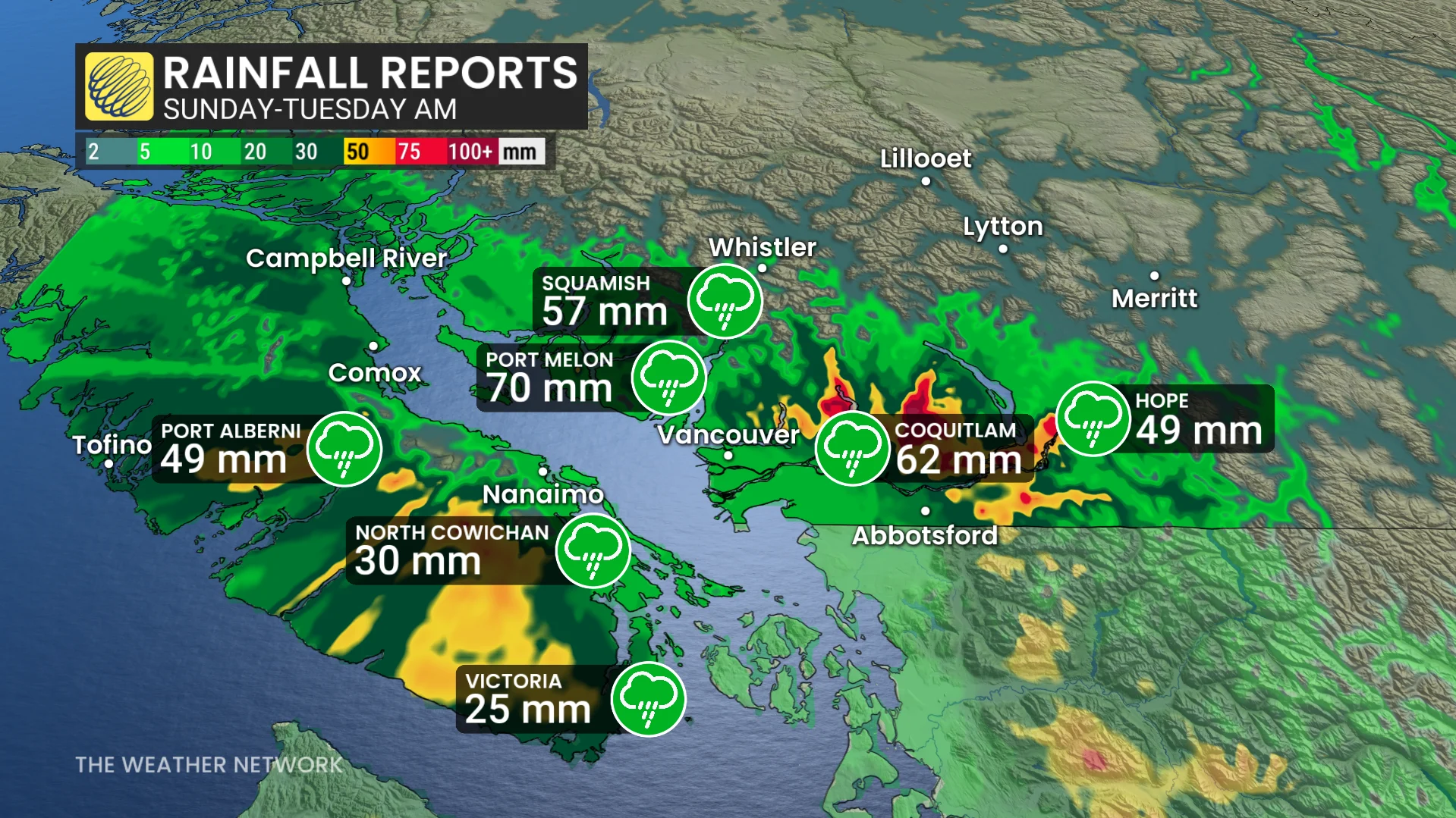B.C. rainfall reports Sunday to Tuesday