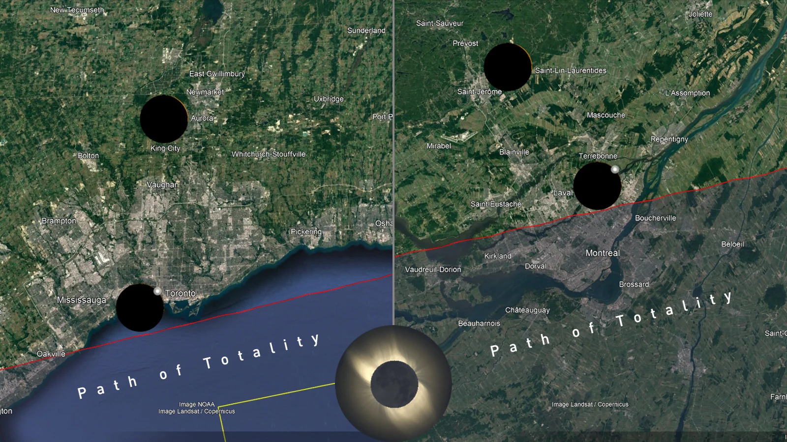 April 8 2024 Path of Totality - Toronto Montreal w icons