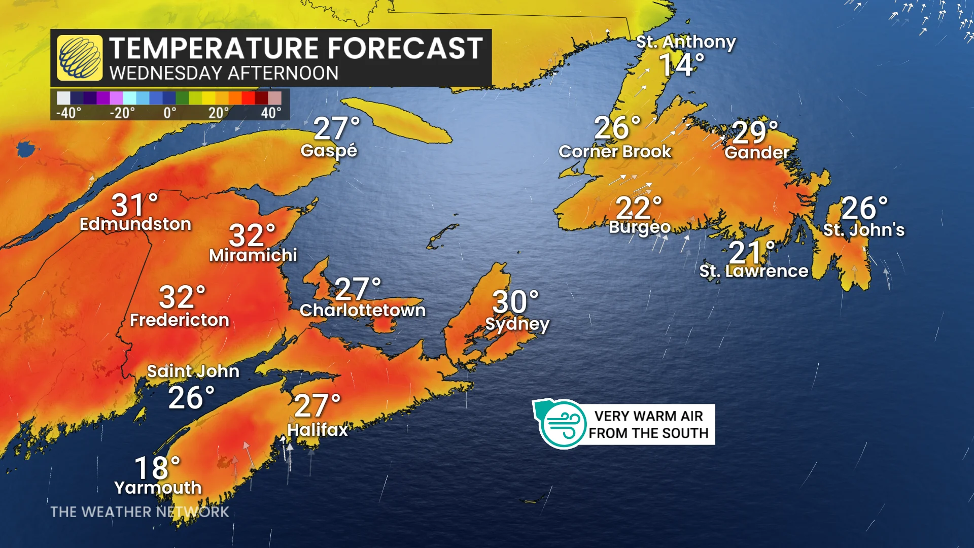 Baron - Atlantic Canada temperature forecast Wednesday - July 15