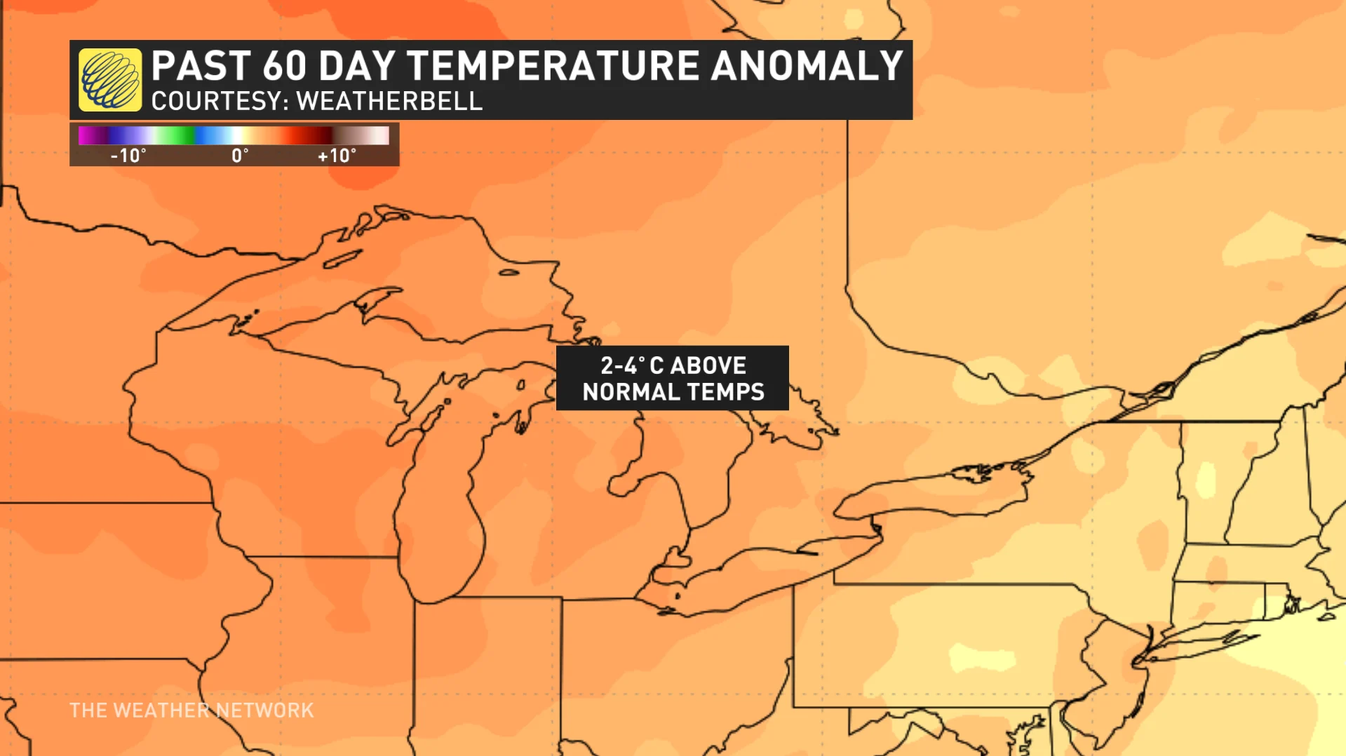 Great Lakes 60-day temperature anomaly