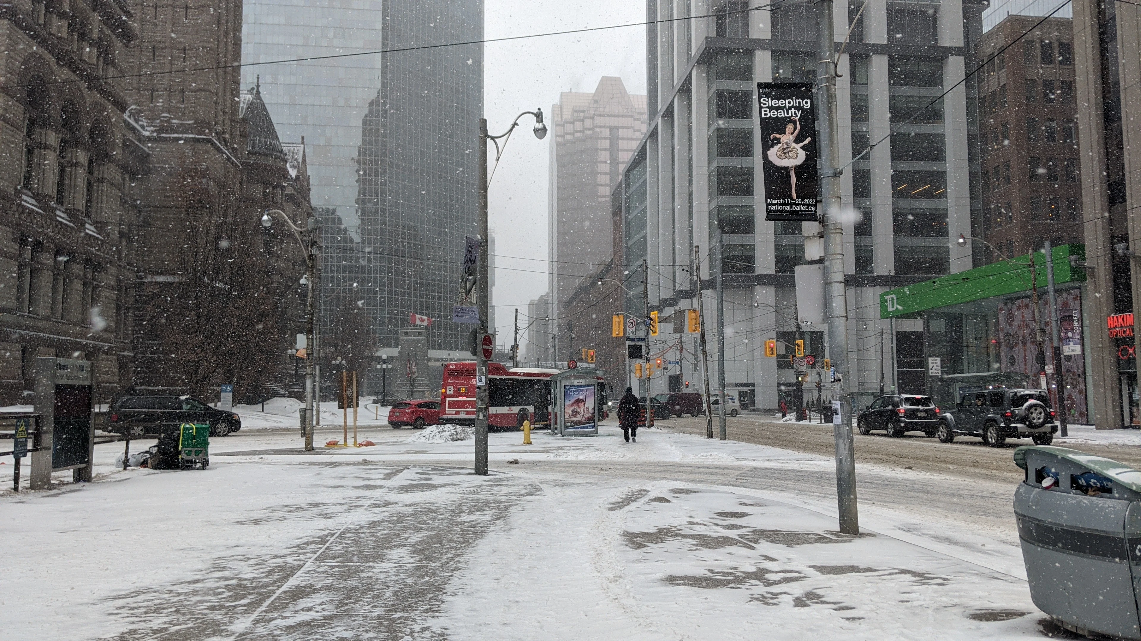 Downtown Toronto, Feb. 25, 2022. Snowfall, snow, winter. (Marta Czurylowicz)