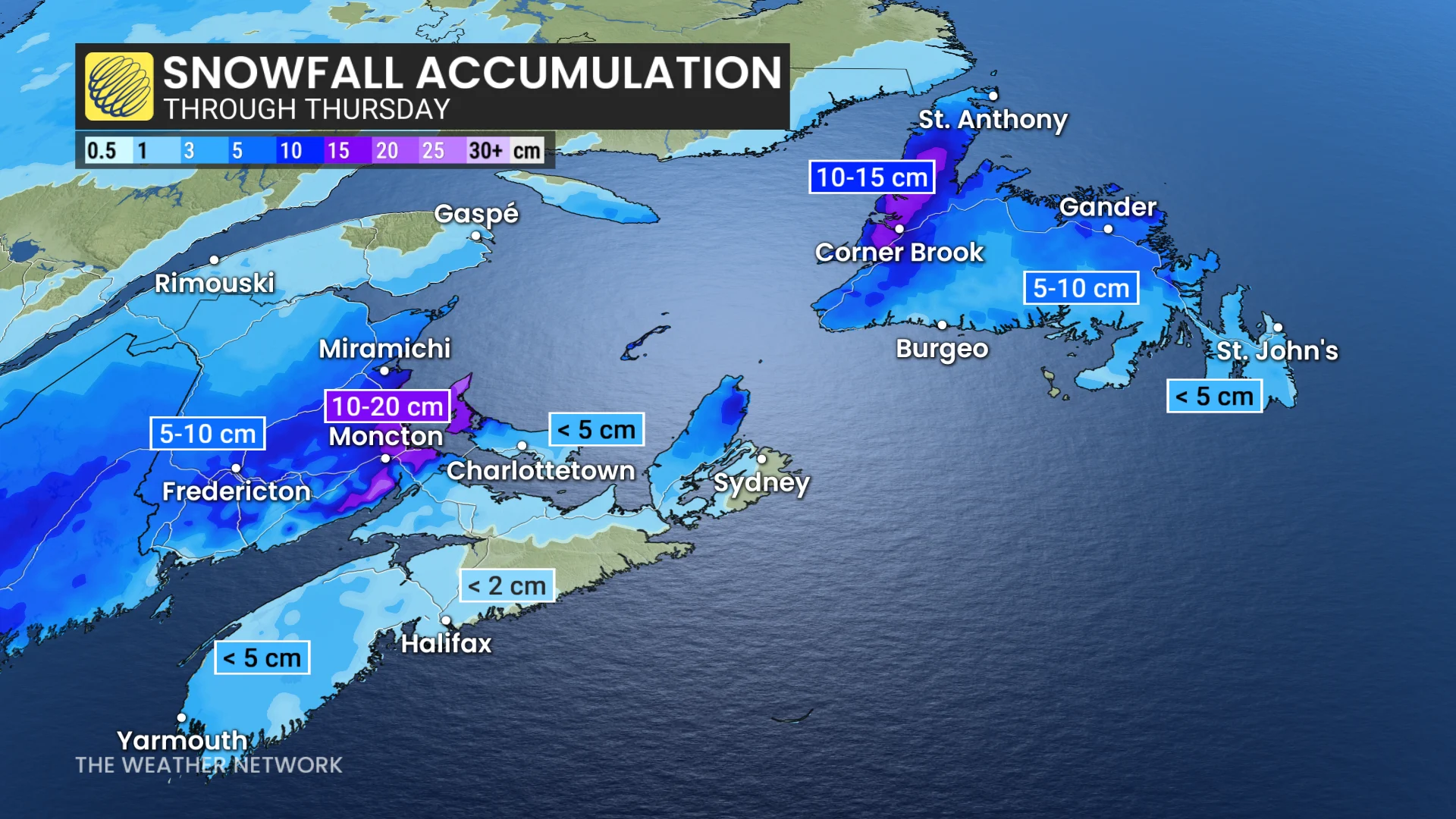 Atlantic Canada snowfall forecast through Thursday