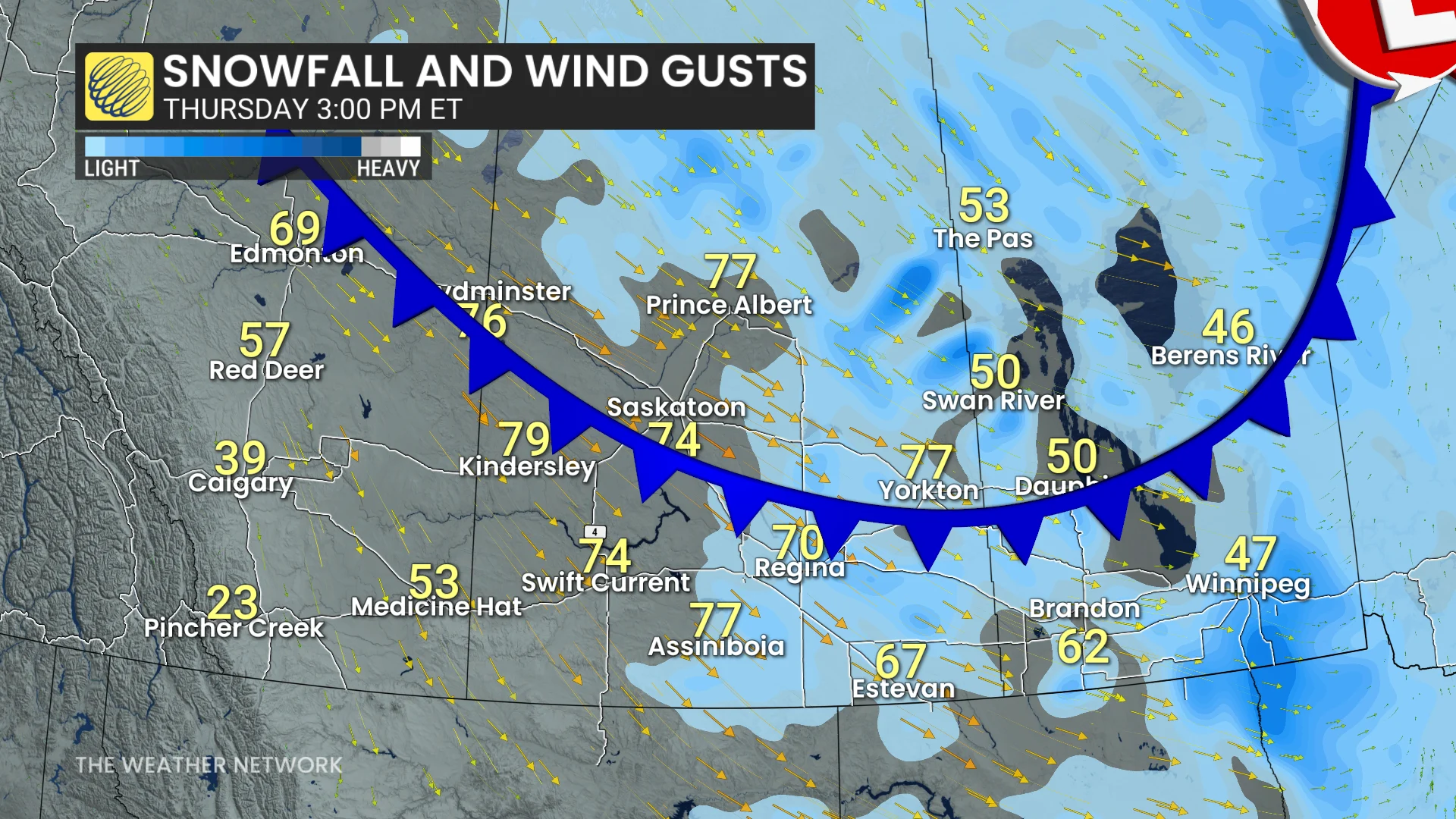 Prairies snowfall and wind gusts Thursday afternoon
