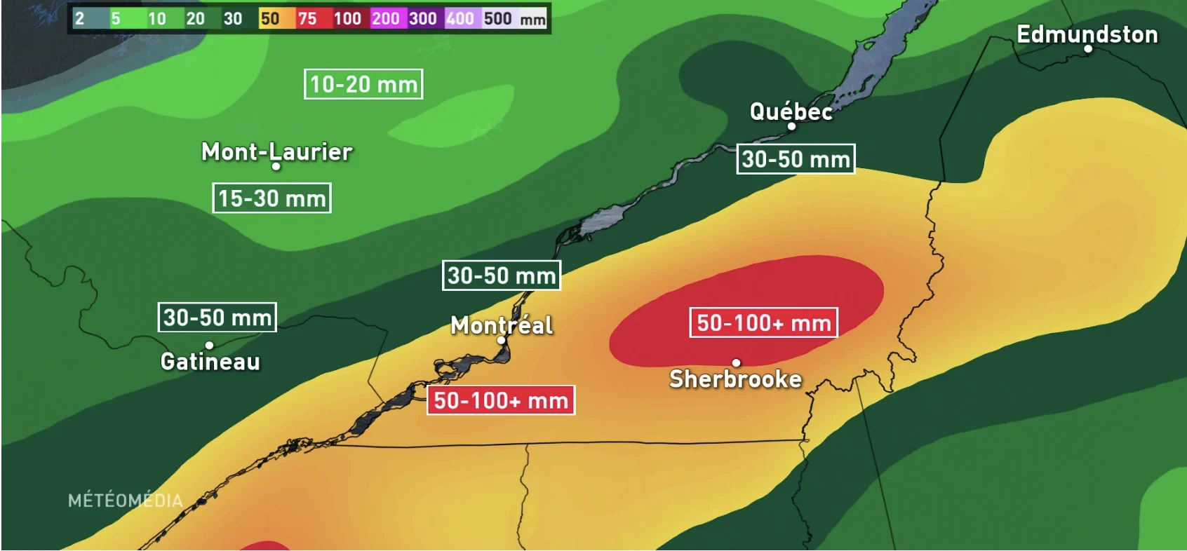 Quebec: Hurricane Beryl remnant rainfall amounts. July 10, 2024