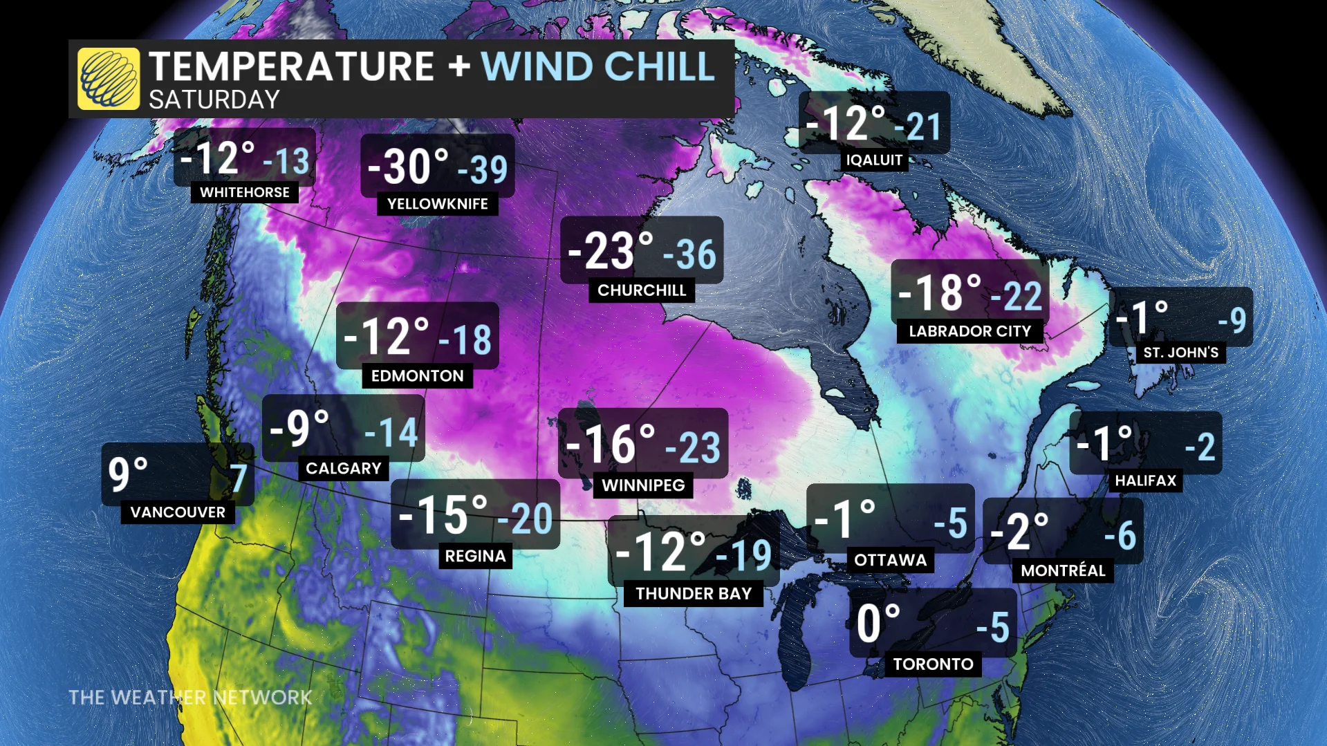 Canada Saturday temperatures and wind chill