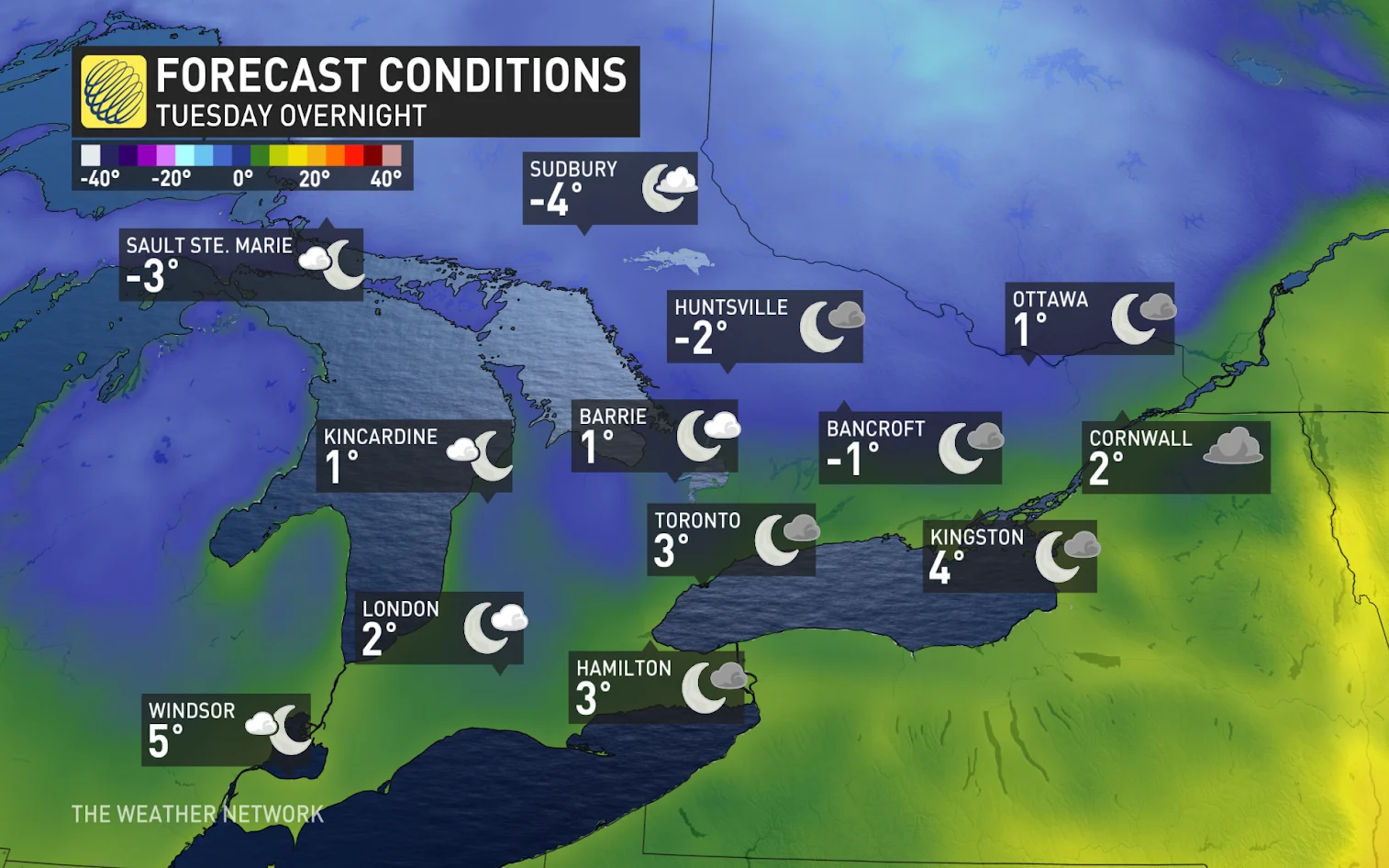 Ontario Tuesday overnight forecast conditions and temperatures (unblurred) - April 28, 2025