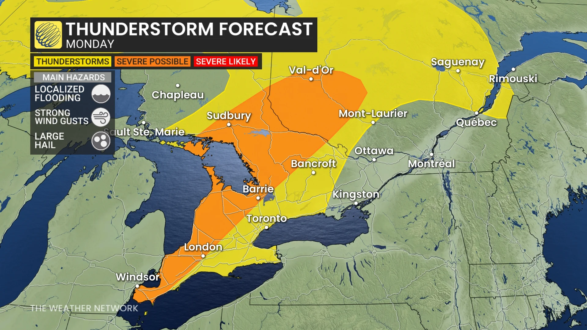 Ontario storm risk map Monday