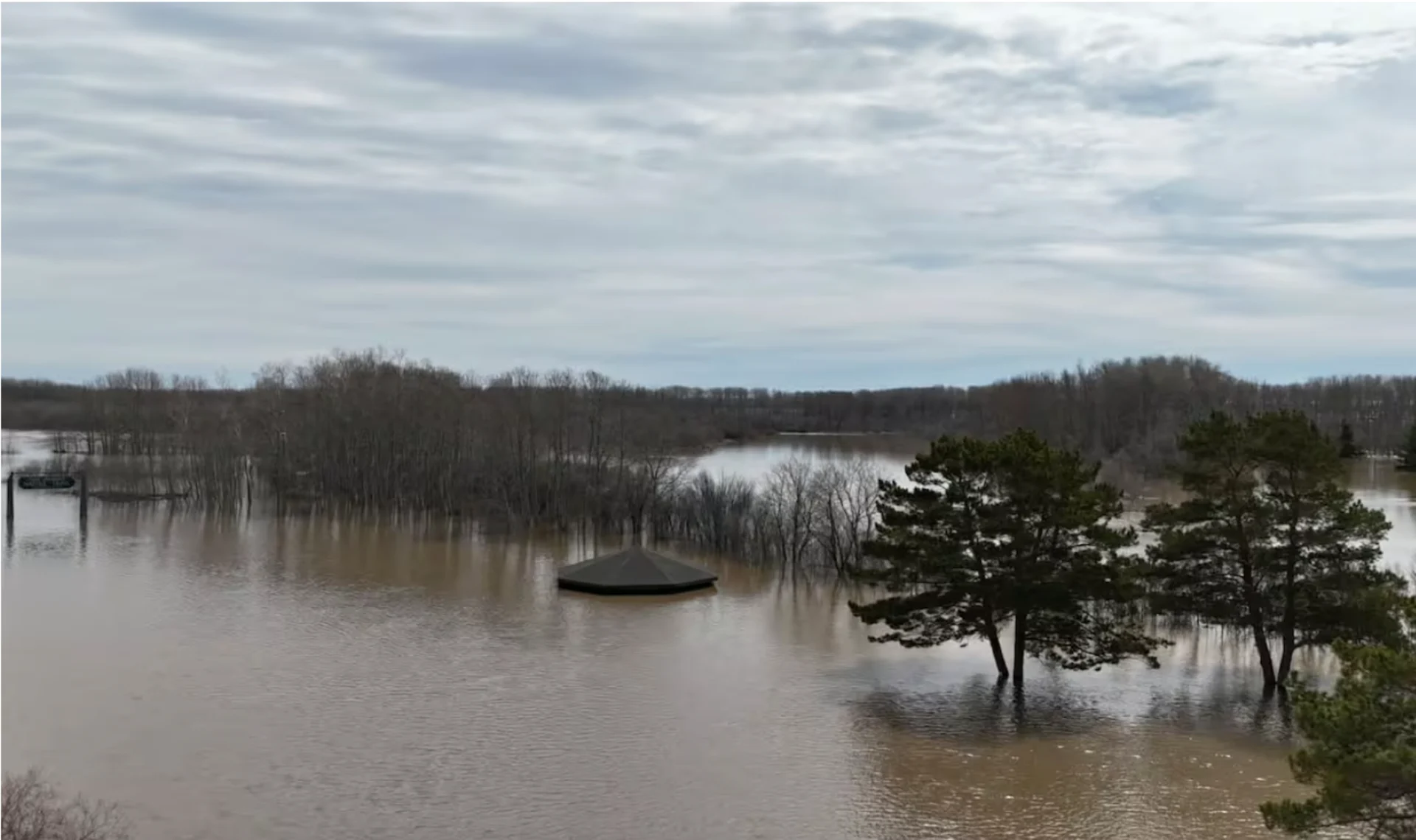 CBC: The Pasquia Regional Park's camping area and gazebo are completely underwater. (Submitted by Hanz Meyer)