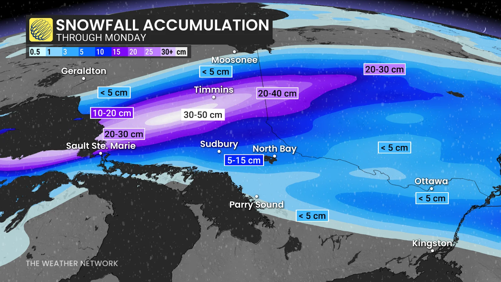 Ontario forecast snowfall accumulation - March 29, 2025