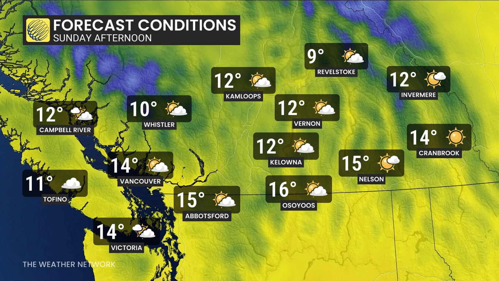 B.C. South Coast and Interior Sunday temperatures and icons