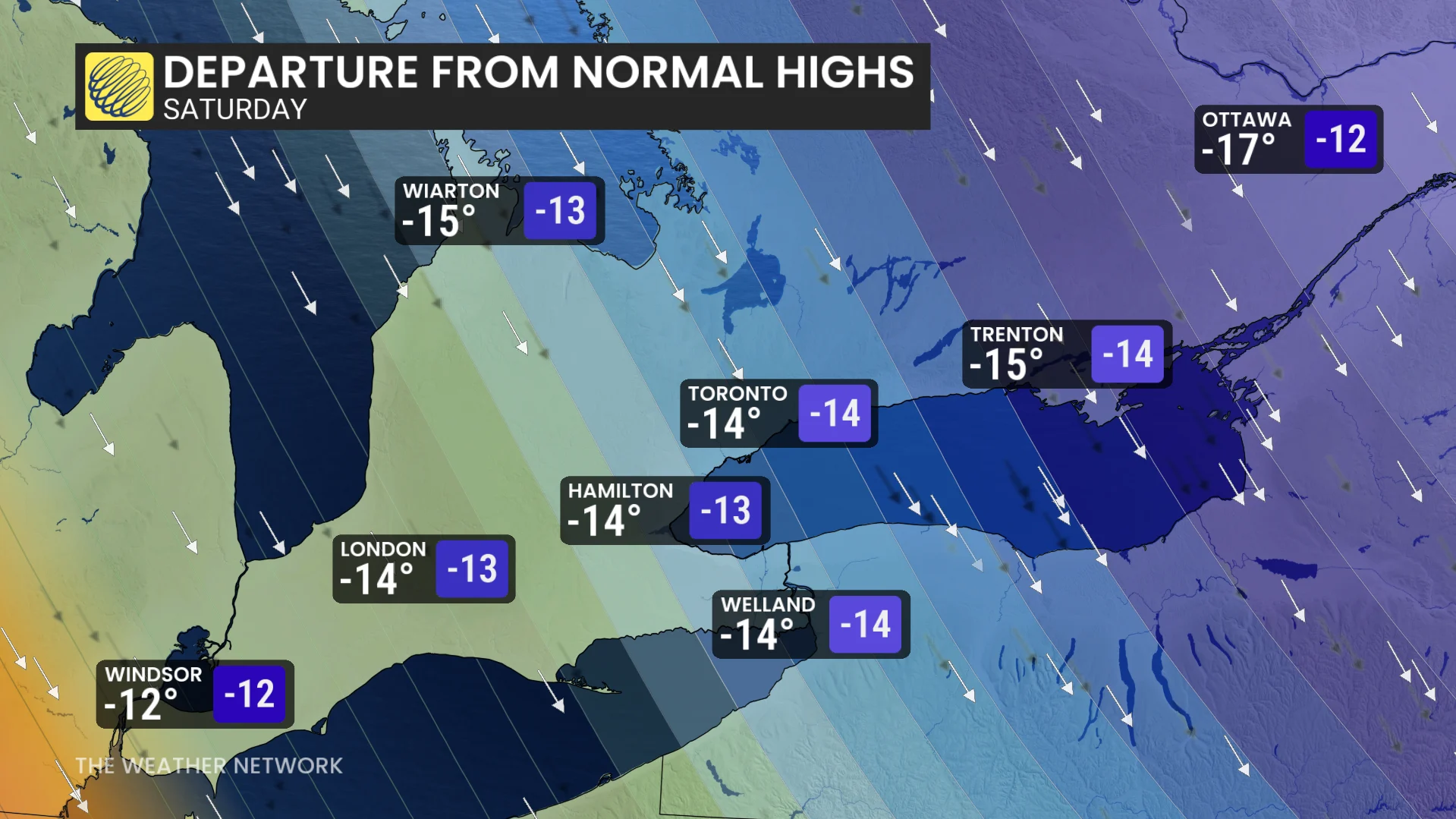 Ontario Saturday temperature departure from normal highs