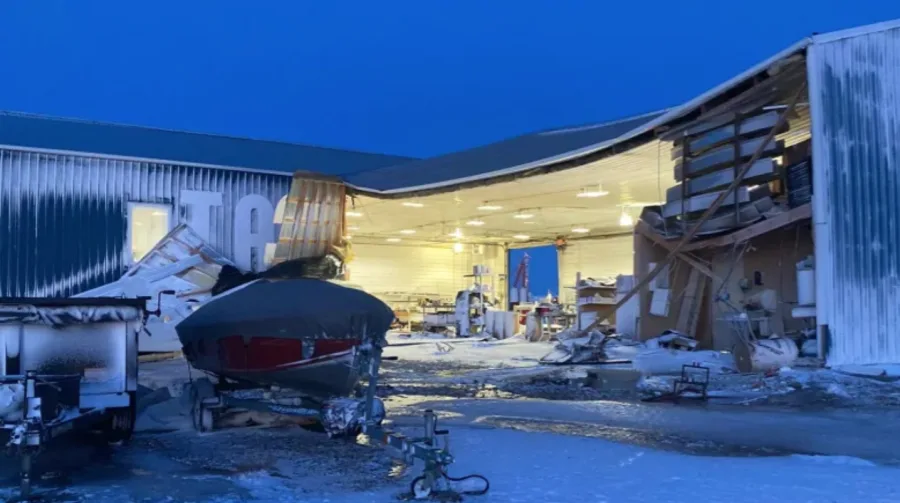 CBC/Fiona Odlum - Tarpco Manufacturing in Corinne, Sask., was severely damaged by the wind.