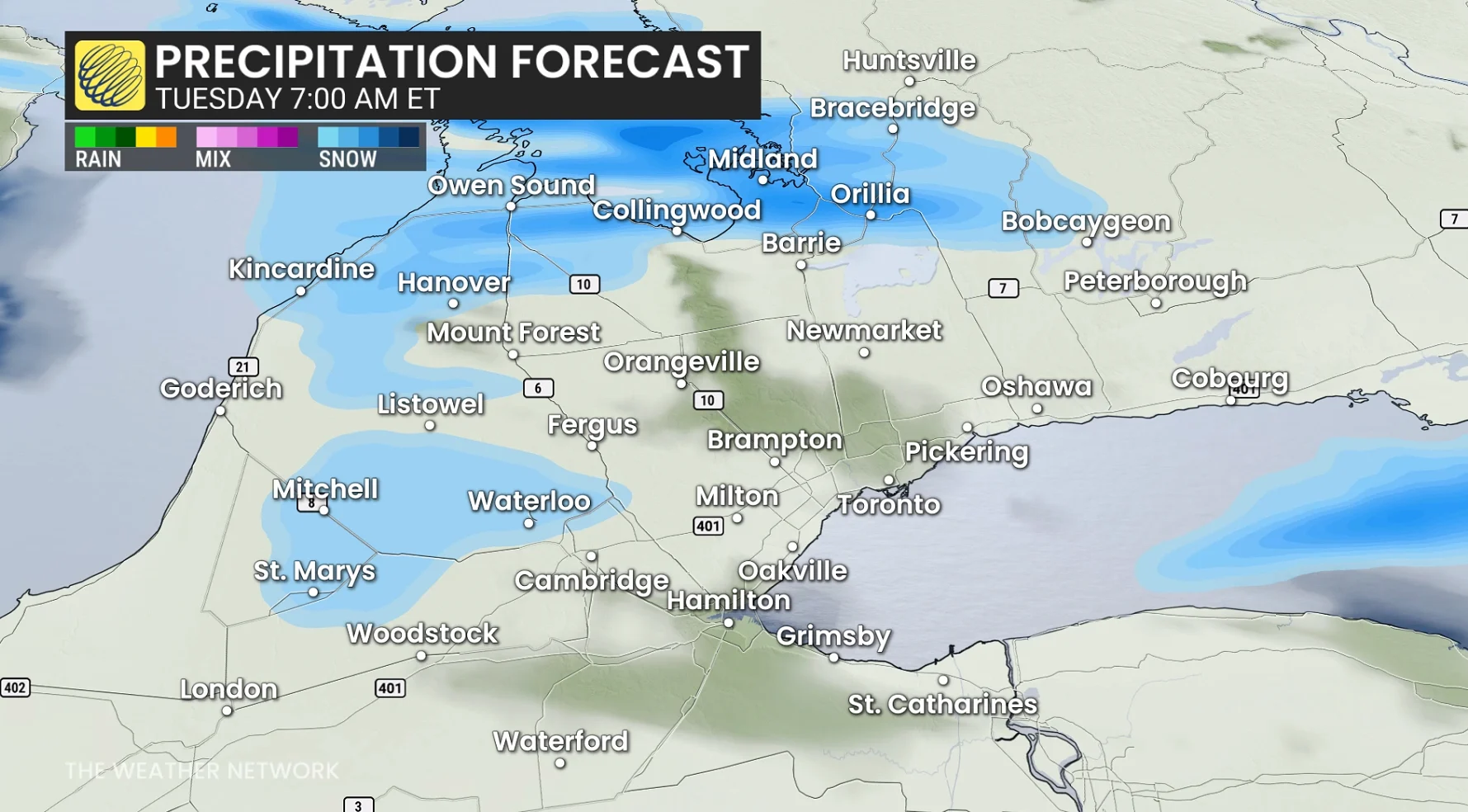 Ontario precipitation timing Tuesday morning