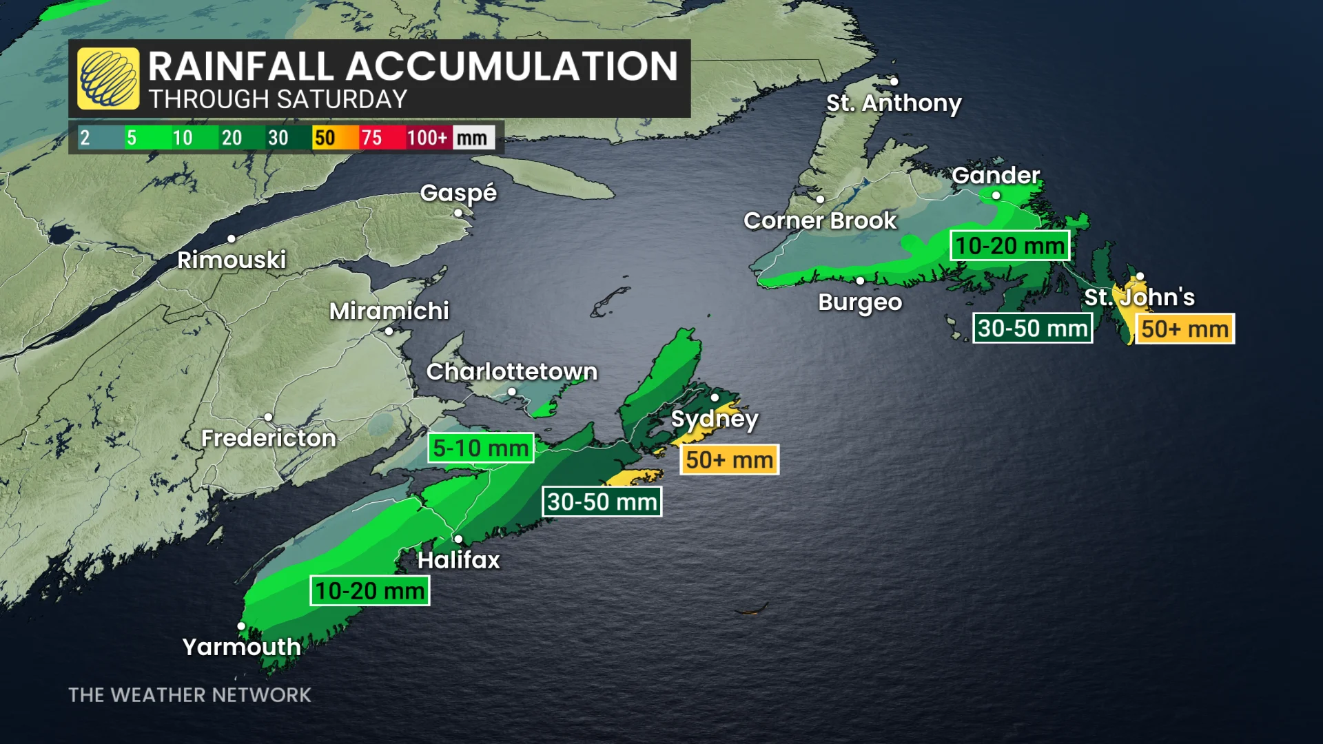 Atlantic Canada rainfall through Saturday
