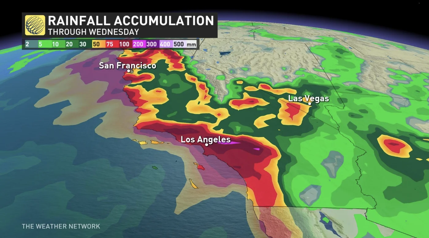 Feb. 4, 2024: California atmospheric river rainfall totals (The Weather Network)