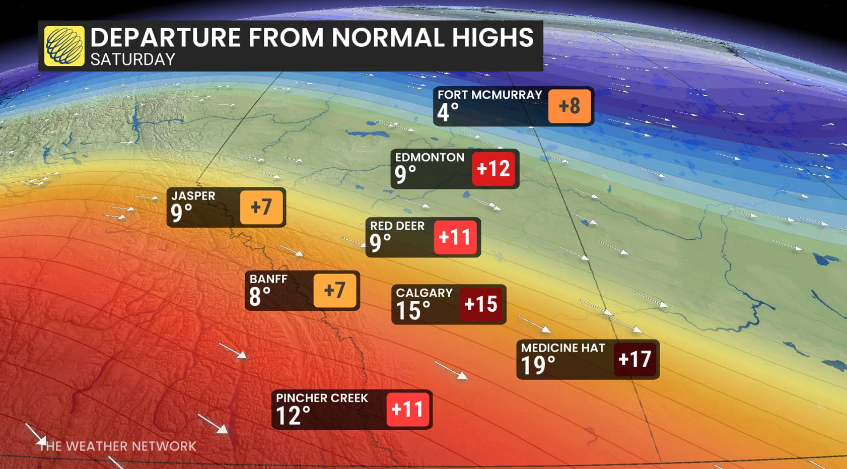 Alberta temperatures and departures from normal Saturday