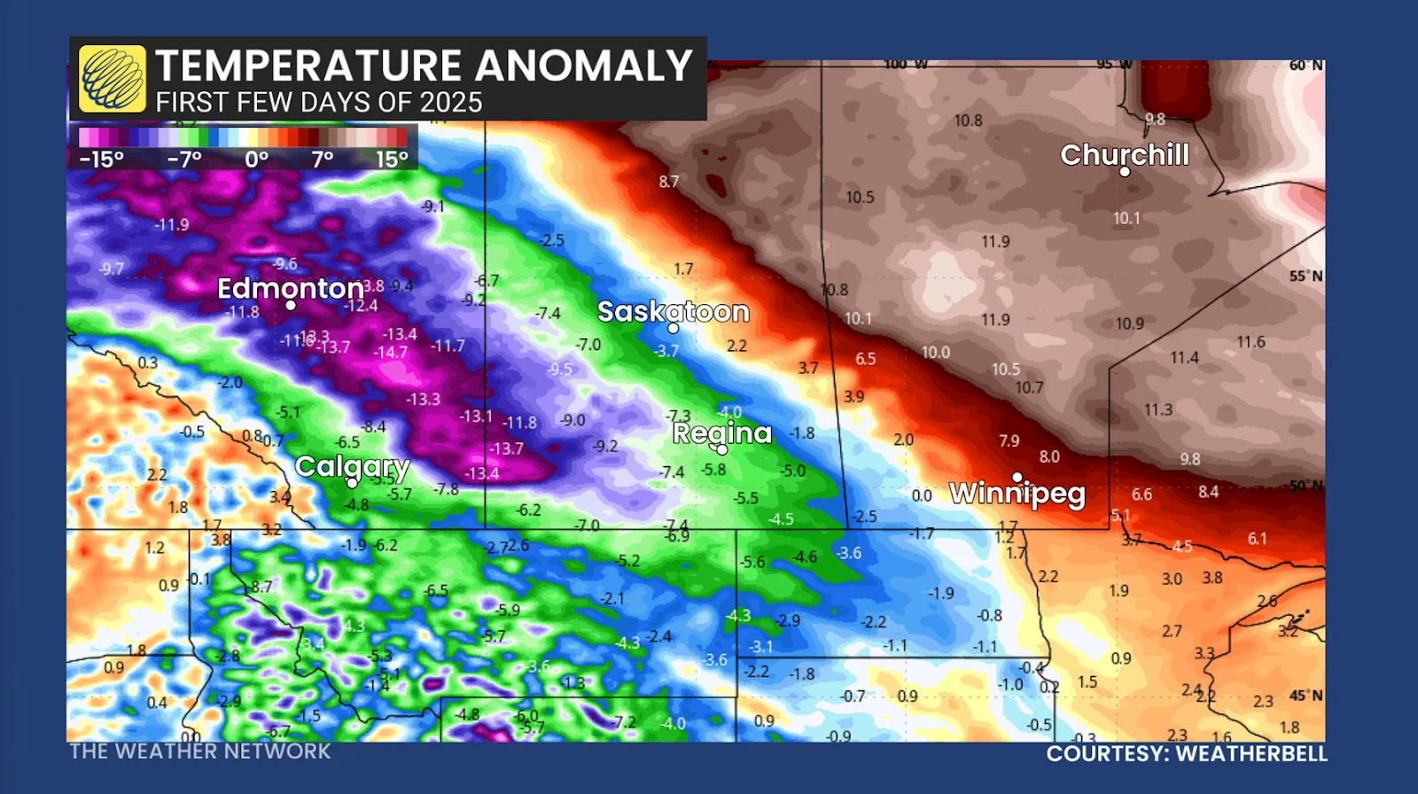 Prairies temperature anomaly early 2025