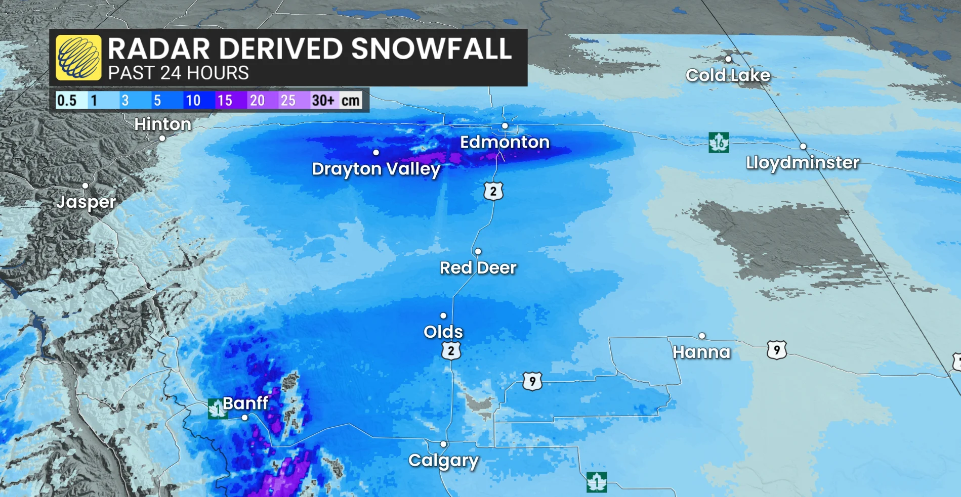 Alberta snow accumulations on radar - Mar10