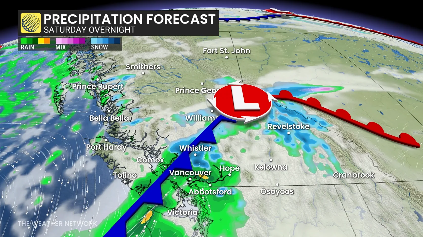 B.C. precipitation timing Saturday overnight