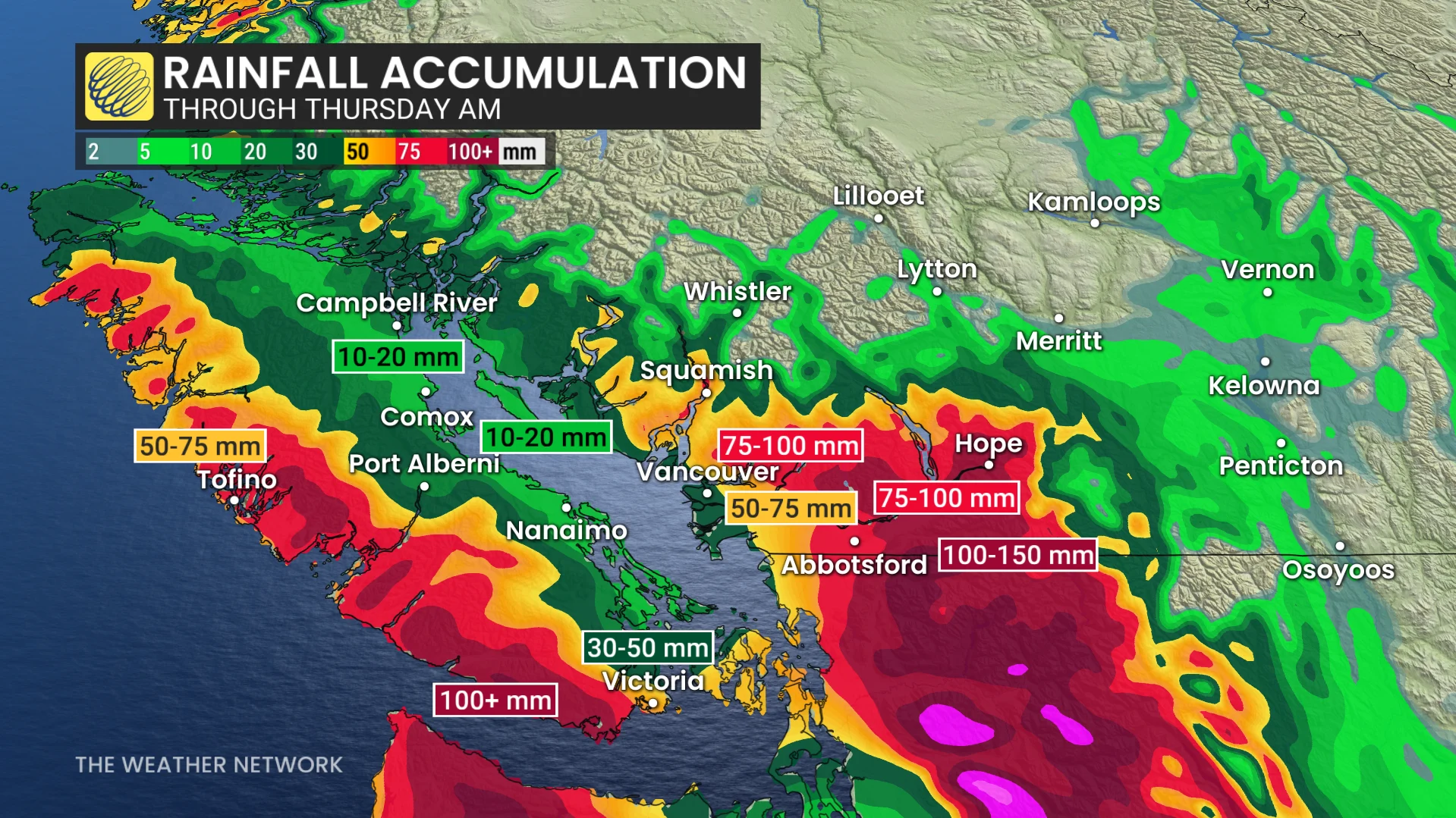 B.C. rainfall through Thursday morning