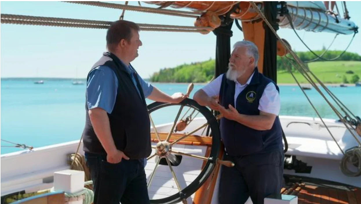 Credit: Nathan Coleman, Host (left) learning about Blue Nose II with Captain Phil Watson (right)