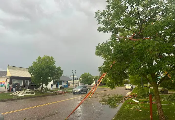 CBC: Storm damage is seen in the Village of Elkhorn, Man., on Sunday. (Submitted by Kurt Fuchs)