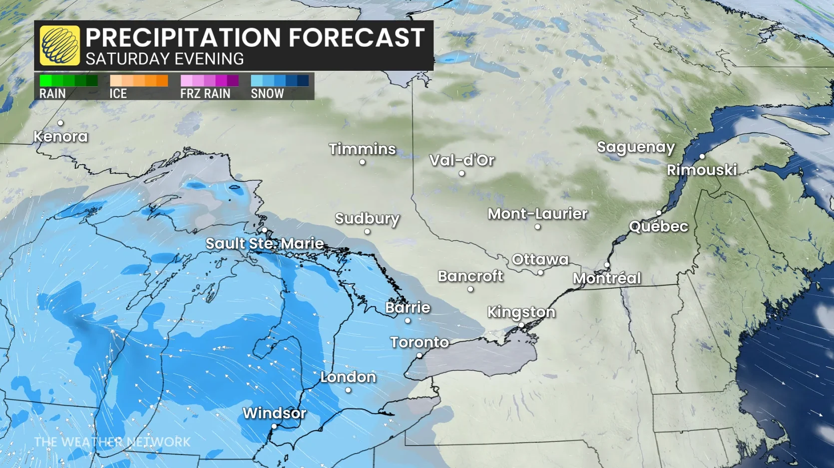 Ontario precipitation timing Saturday evening