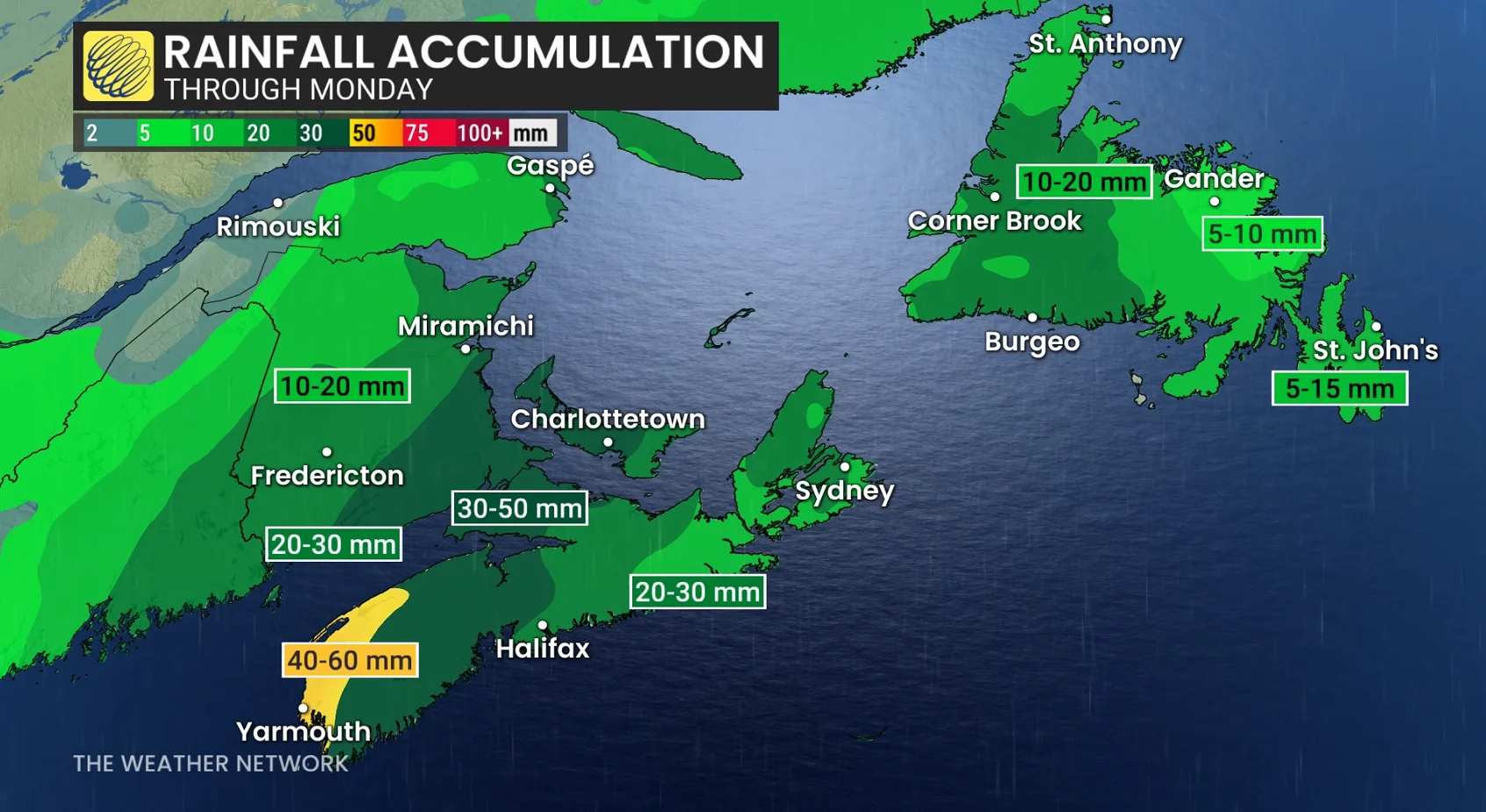 Atlantic Canada rainfall through Monday