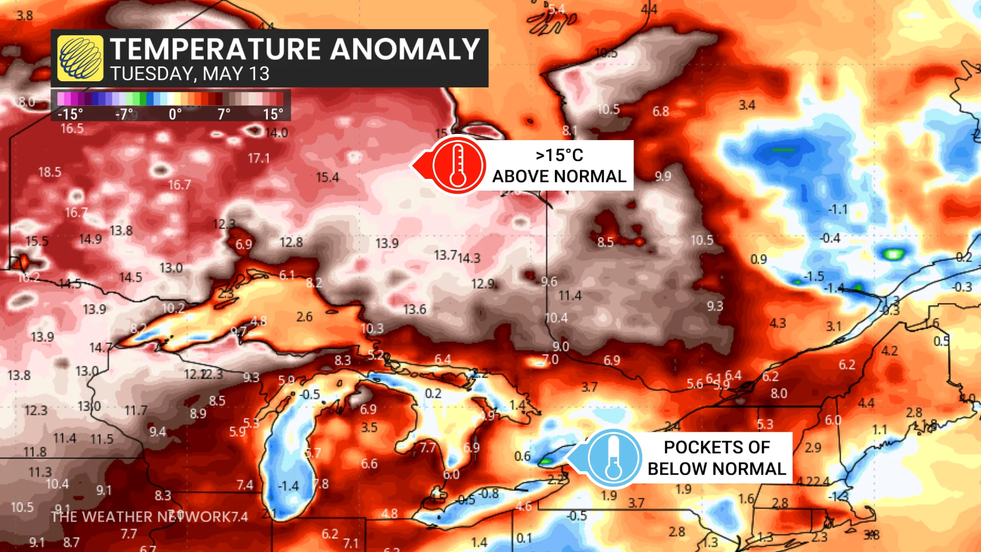 Ontario temperature anomaly Tuesday, May 13
