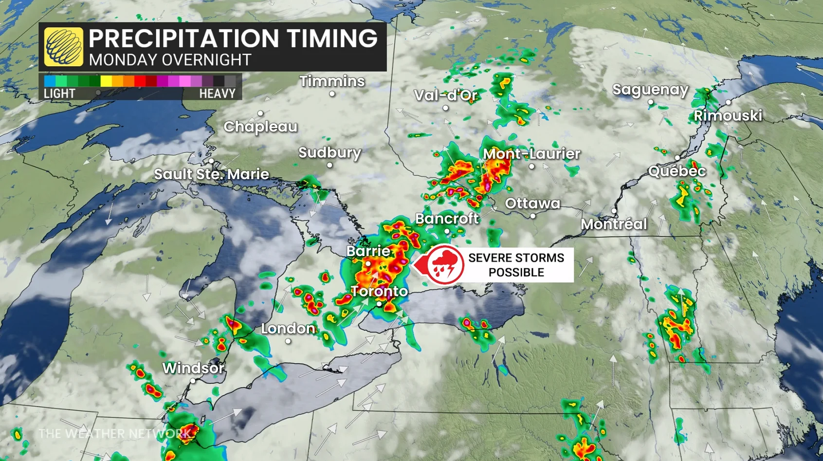 Ontario precipitation timing Monday overnight