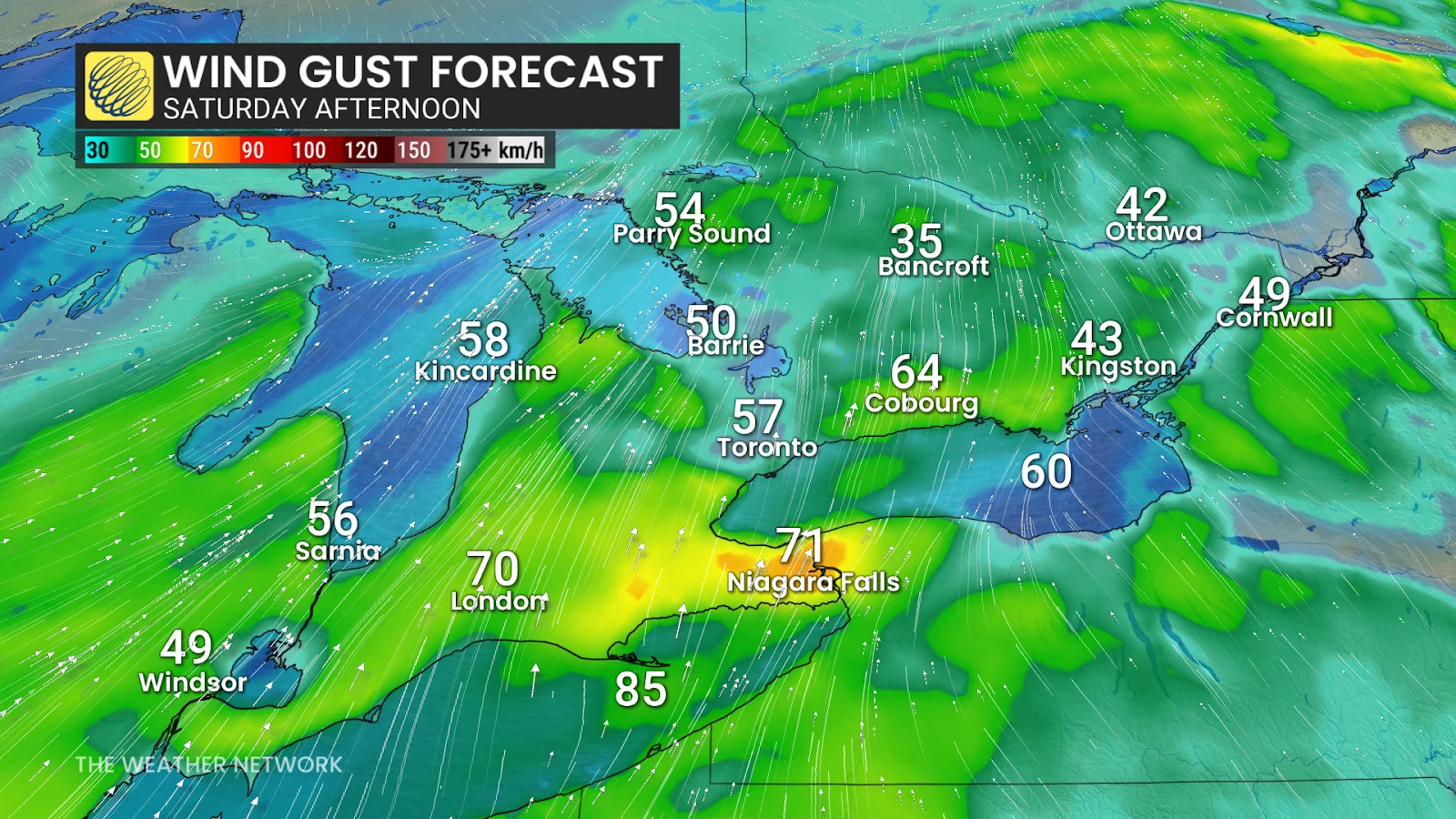 ON Wind Gust Forecast Saturday Afternoon